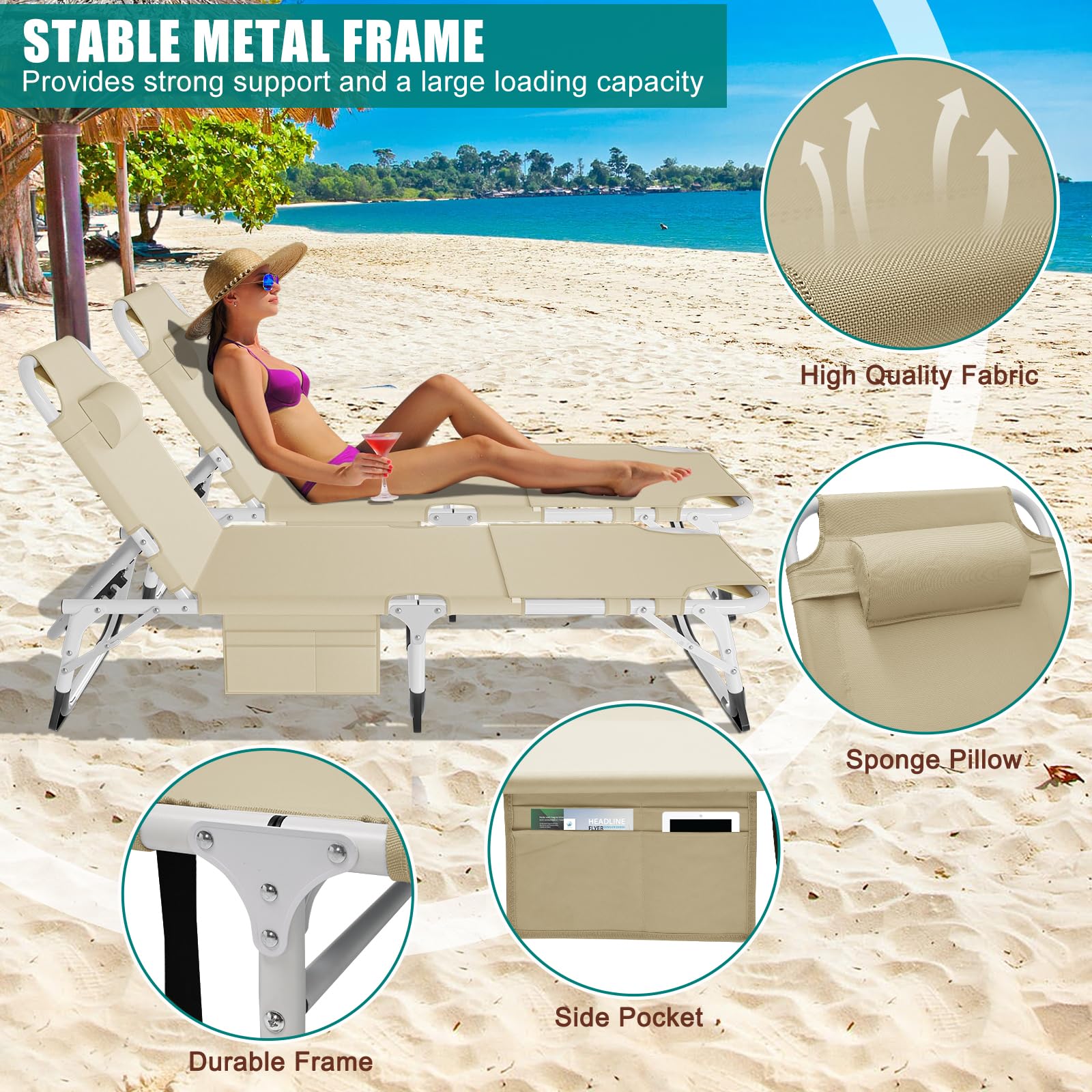 DoCred Heavy Duty Tanning Chair with Face Hole - Adjustable 5-Position Folding Chaise Lounge for Outdoor, Beach, Pool & Camping | Portable Sunbathing Chair for Backyard, Lawn & Travel | Perfect for Relaxing, Tanning & Lounging