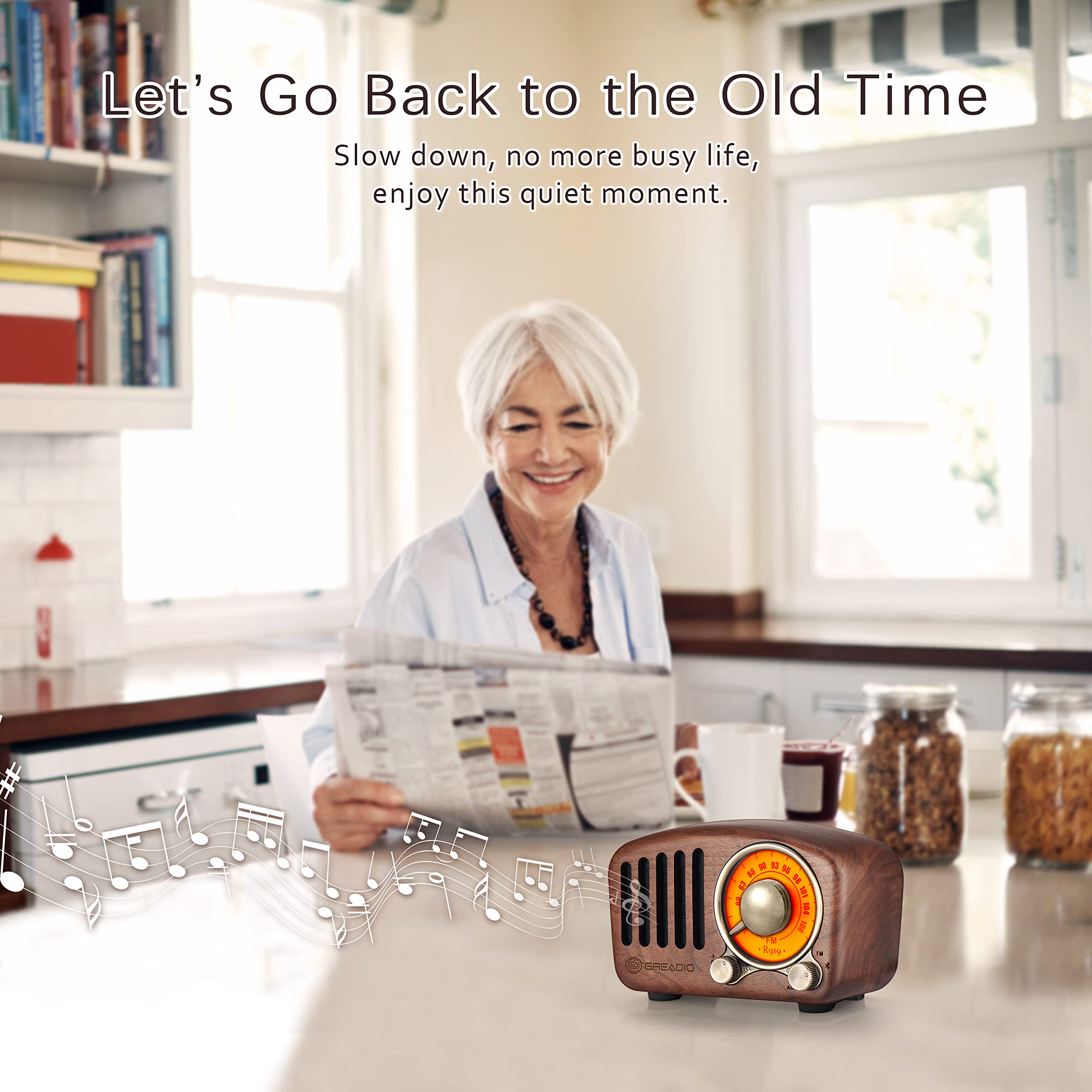 Vintage Greadio Walnut Wood Bluetooth Speaker - Retro Style Wireless Speaker with Bass Enhancement, Loud Volume, Bluetooth 5.0, MP3 & FM Radio - Perfect for Home, Office, and Outdoor Use