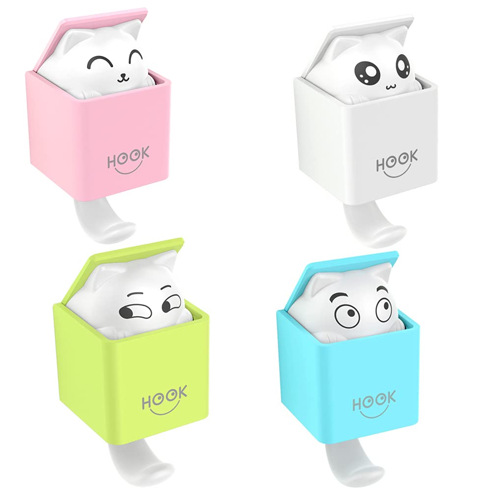 4PCS Cute Cartoon Cat Keychain Hooks - Adhesive Wall Hooks for Coat, Towel, Hat & Keys - Decorative Home & Bathroom Organization Accessories - Perfect for Bedroom, Kitchen, Dorm & Office Storage