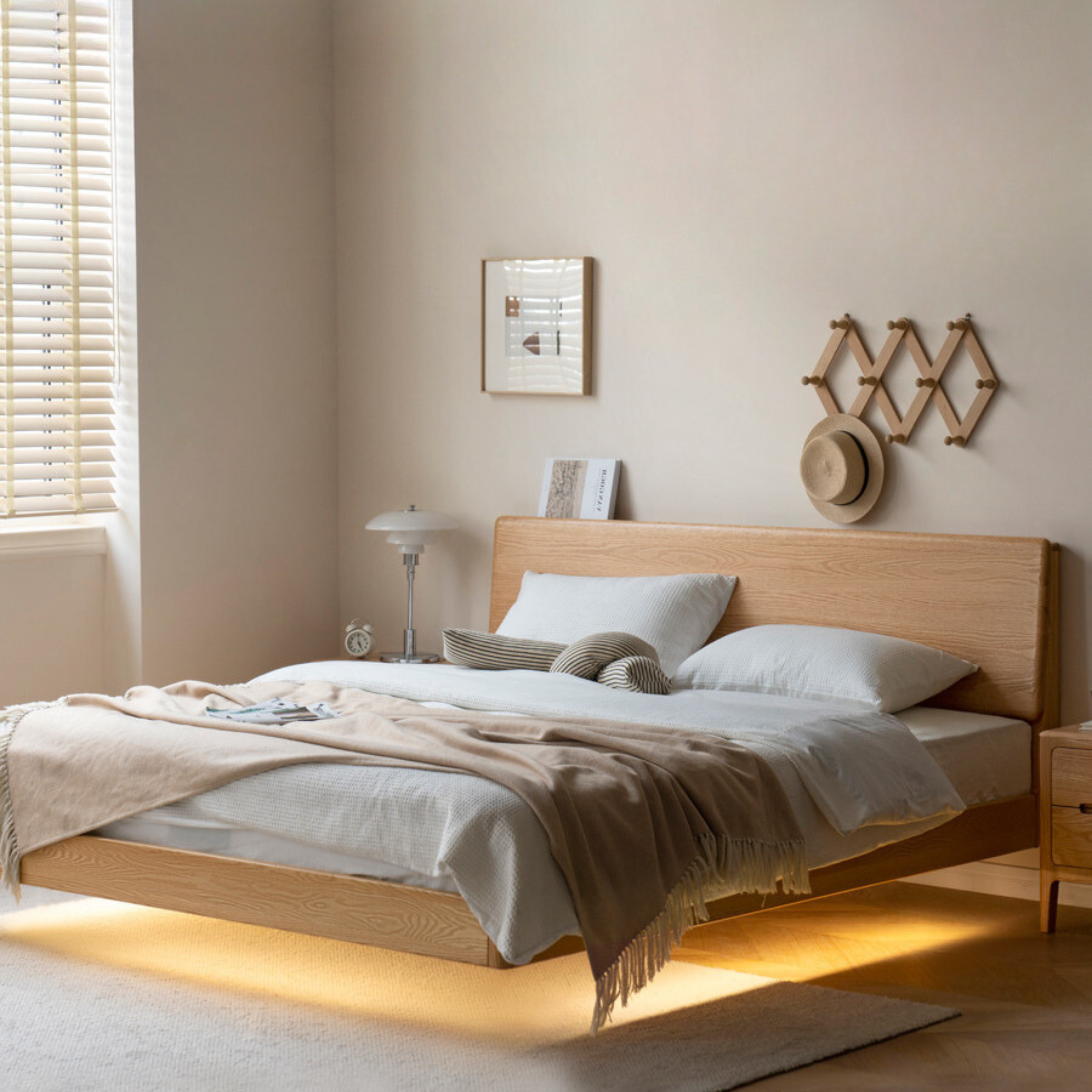 Solid Oak Wood Modern Floating Bed Frame - Queen Size, Sturdy Platform Bed with LED Lights for Bedroom, Living Room, Guest Room