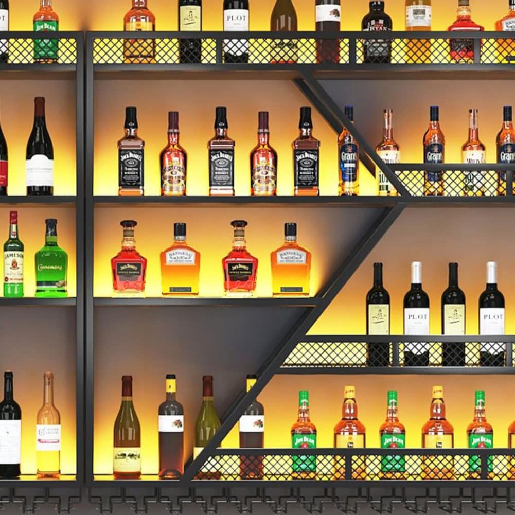 Modern Wall Mounted Wine Rack with LED Lights - Iron Metal Wine Bottle & Glass Holder, Floating Bar Shelves for Living Room, Restaurant, Kitchen Decor | Space-Saving Wine Storage Solution for Home Bars & Entertaining Areas (Black)