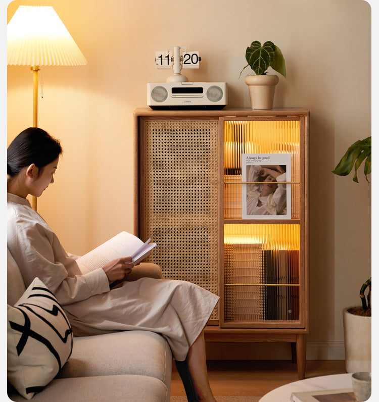 Solid Oak Wood Sliding Door Storage Cabinet with LED Lights - Modern Sideboard for Living Room, Bedroom & Entryway Organization