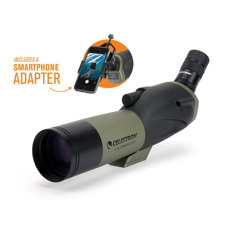 Celestron Ultima 65 Angled Spotting Scope with Smartphone Adapter - High Power Zoom for Bird Watching, Hunting & Outdoor Observation (Model 52348) | Perfect for Wildlife Viewing, Target Shooting & Nature Photography
