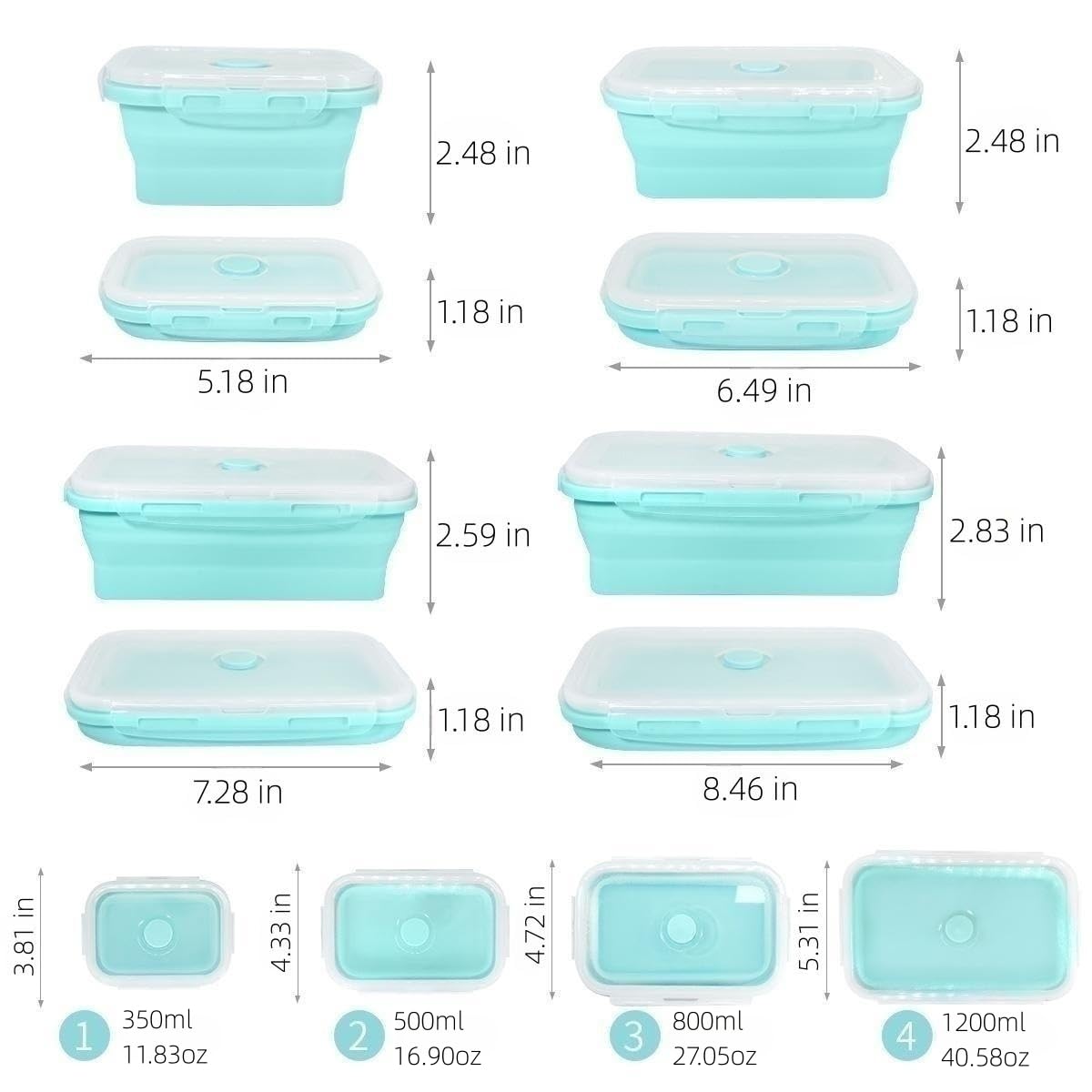 BJ Collapsible Food Storage Containers with Lids - 4-Piece Rectangle BPA-Free Meal Prep Bowls Set | Space-Saving Stackable Design for Camping, RV Travel & Home Kitchen Organization | Dishwasher Safe & Leak-Proof Blue Containers