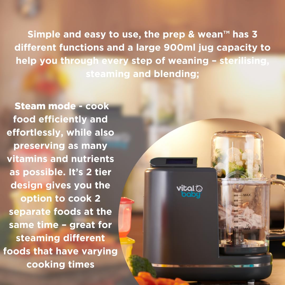 Vital Baby NOURISH Prep & Wean™ - 3-in-1 Baby Food Maker with Steamer, Blender & Sterilizer - 2-Tier Cooking System for Fruits, Vegetables, Meat & Fish - 5 Blending Modes - Perfect for Homemade Baby Food Prep & Weaning Transition - Ideal for Busy Parents & Healthy Infant Nutrition