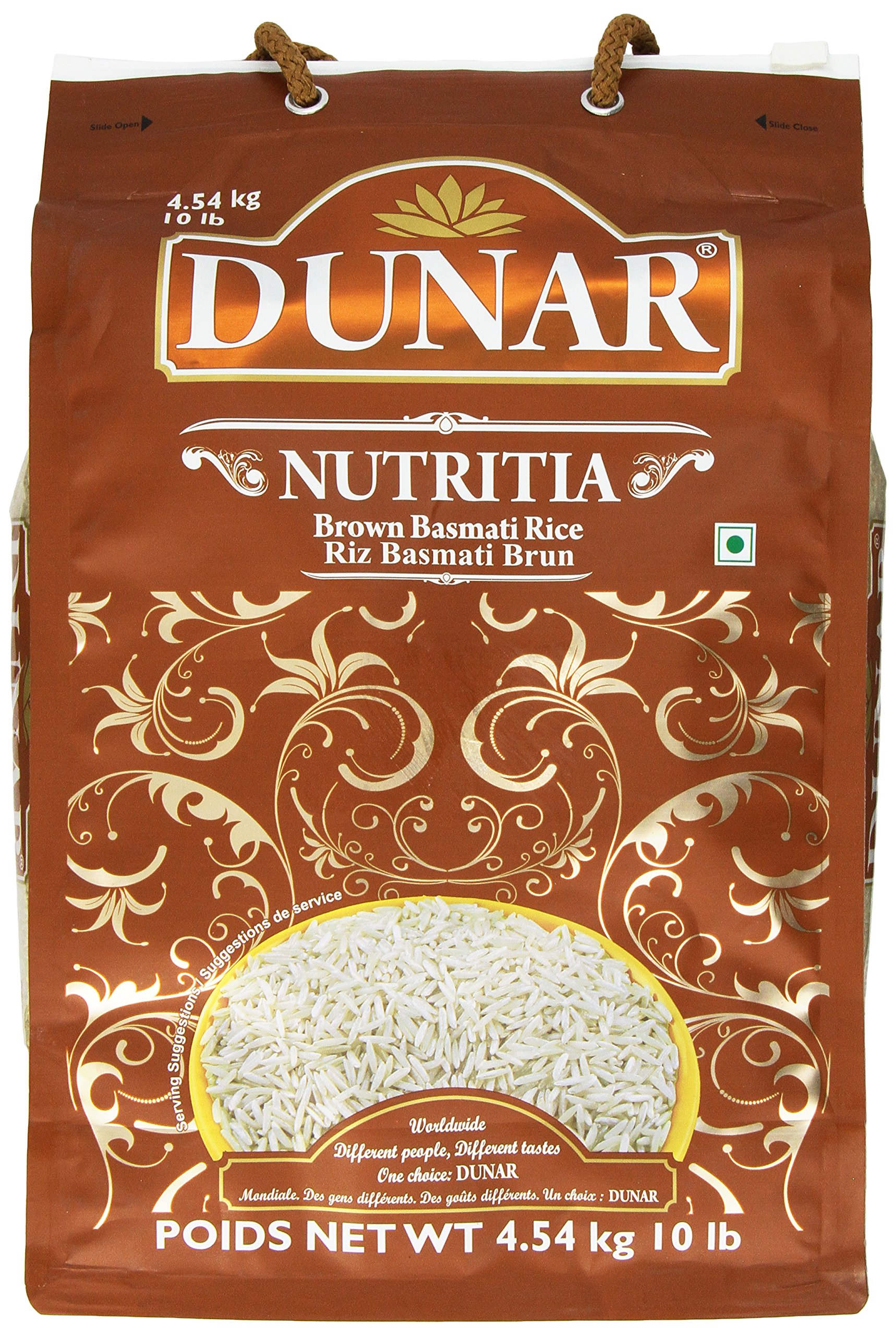 Premium Basmati Rice - Dunar Nutritia Brown Basmati Rice, 10 lbs (4.5 kg) - Authentic Long Grain Rice for Indian Cooking, Biryani, Pilaf & Healthy Meals
