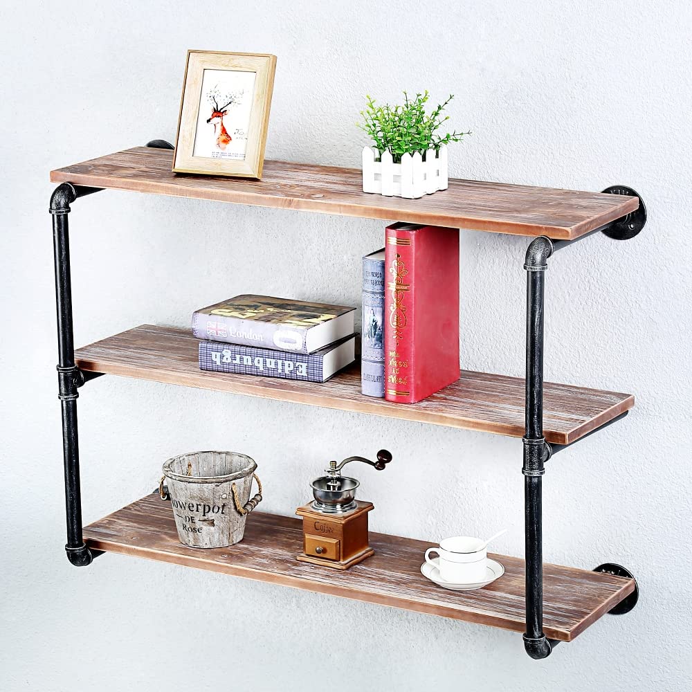 Industrial Pipe Floating Shelves with Wood Shelf - 3 Tier 36 Inch Wall Mounted Metal Shelving for Books & Decor | Perfect for Living Room, Bedroom & Office Storage