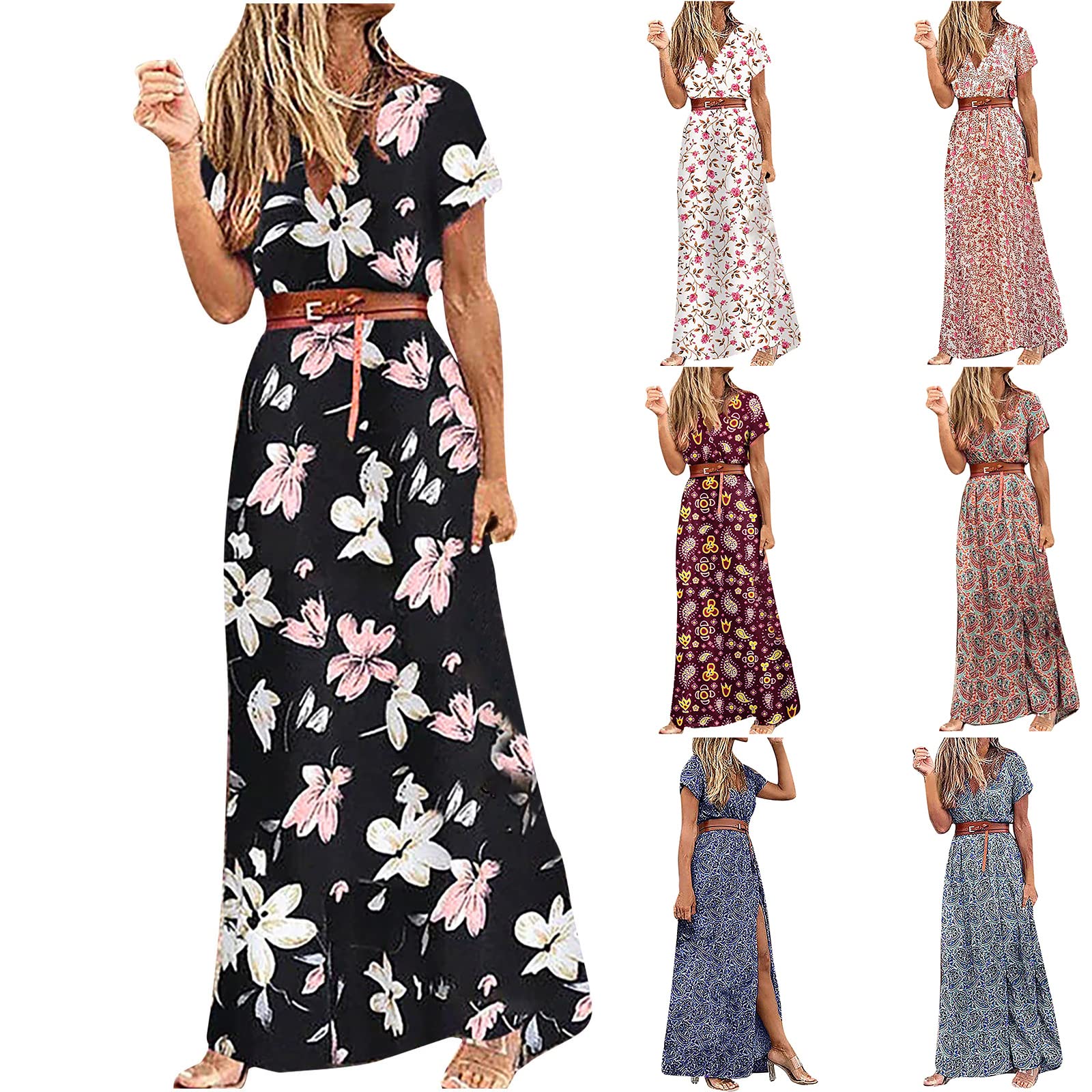 Bohemian Floral Print Maxi Dress for Women - Summer Beach Dress with V Neck & Short Sleeves, Adjustable Belt | Perfect for Vacations, Outdoor Parties & Casual Wear