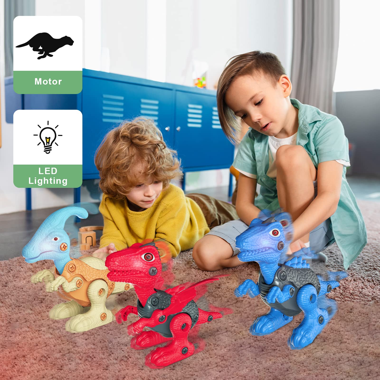 STEM Electric Drill Dinosaur Building Toys for Kids Ages 6-9 - Take Apart Construction Set with LED Lights & Walking Action - Educational Birthday Party Gifts for Boys (Perfect for STEM Learning, Creative Play & Dinosaur-Themed Parties)