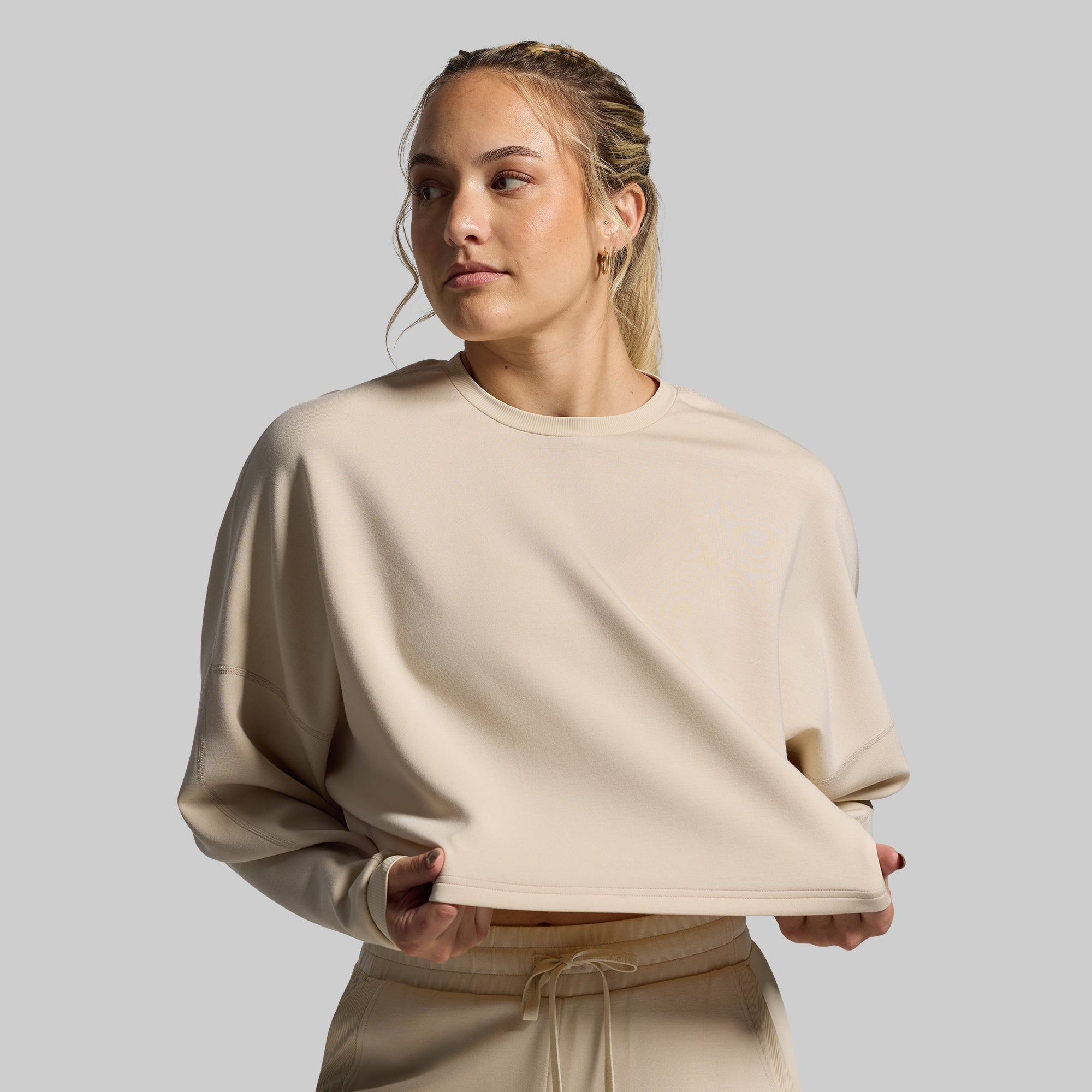 Lounge Lux Cropped Pullover Sweater Set - Soft & Cozy Oversized Knit Top & Shorts (Oatmeal Beige) | Women's Casual Loungewear for Home, Yoga & Relaxation