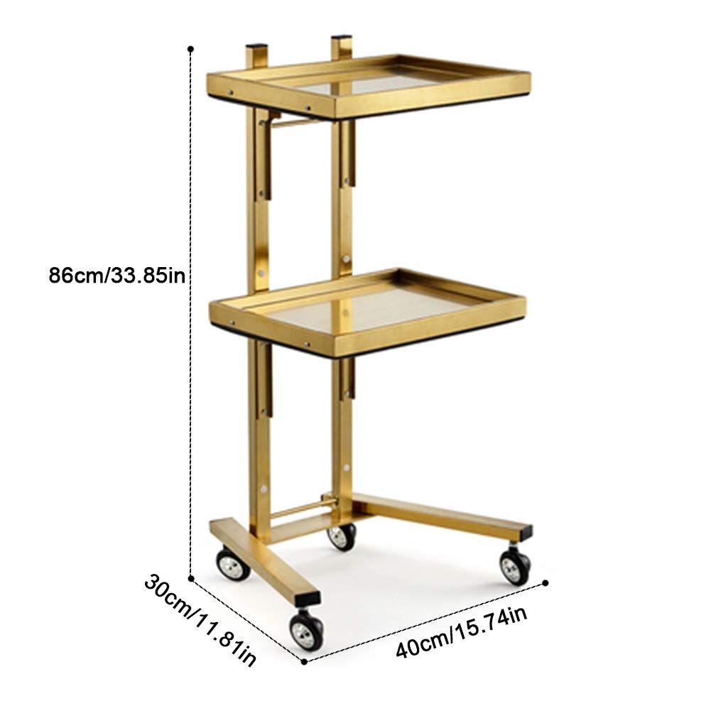 Stainless Steel 2-Tier Collapsible Utility Cart with Wheels - Gold Salon Storage Stand for Tattoo Shop, Beauty Salon & Home Organization | Heavy Duty & Portable Trolley Tray for Supplies & Tools