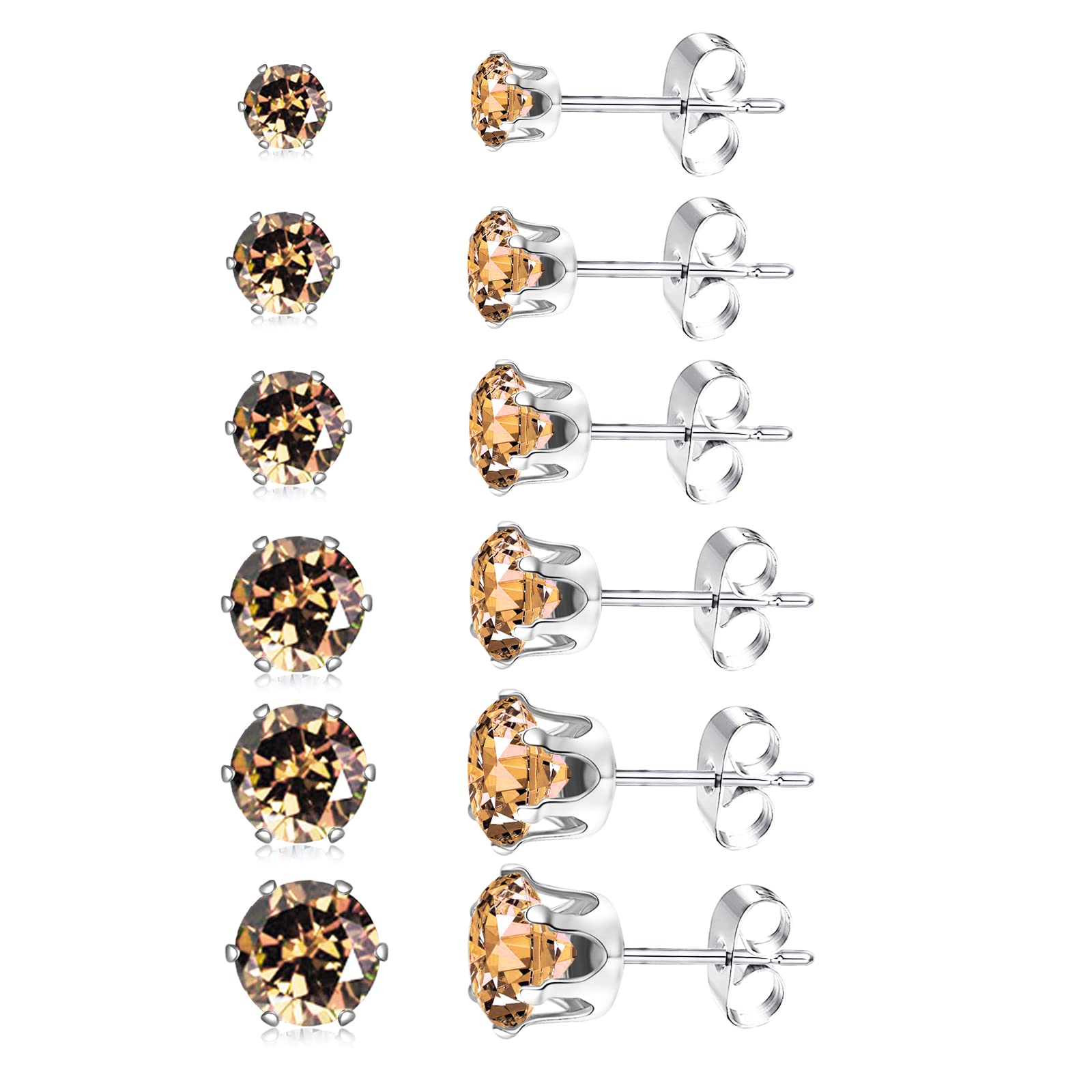 CLOIOO 14K White Gold Plated Cubic Zirconia Stud Earrings for Women & Men - Anti-Tarnish Stainless Steel Earring Set (6 Pairs, 3-8mm) - Perfect for Everyday Wear, Gifts & Special Occasions