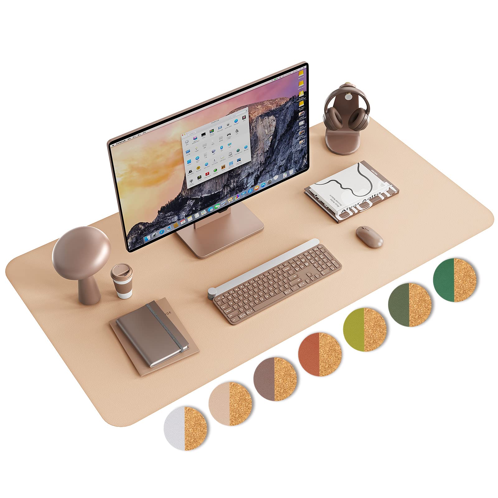 YSAGi Eco-Friendly Cork Desk Pad - Double-Sided Leather Desk Mat, Waterproof & Non-Slip Large Mouse Pad (23.6