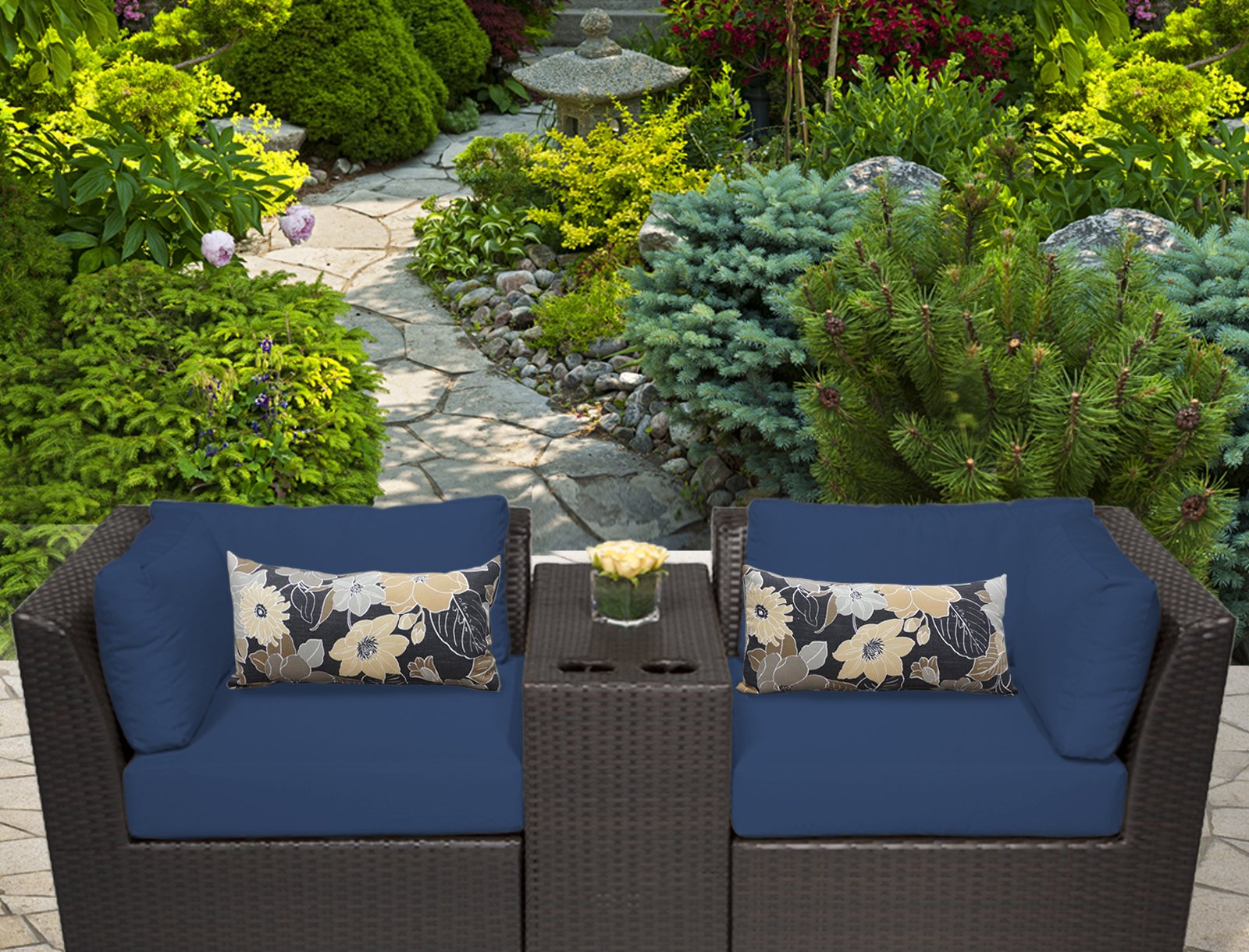 TK Classics BARBADOS-03b-NAVY 3-Piece Outdoor Wicker Patio Furniture Set in Navy Blue - Perfect for Poolside, Garden, and Backyard Relaxation
