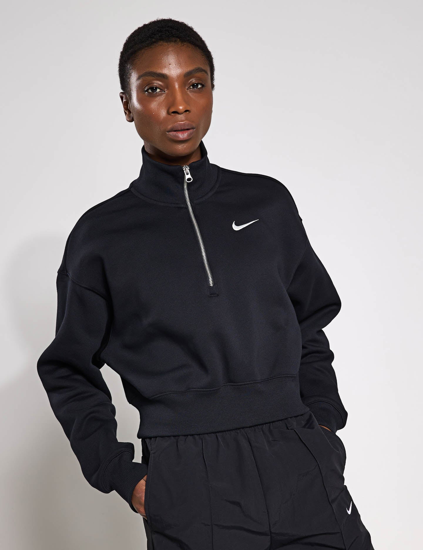 Phoenix Fleece Cropped Sweatshirt for Women - Black/Sail - Soft Athletic Pullover for Yoga, Running & Casual Wear