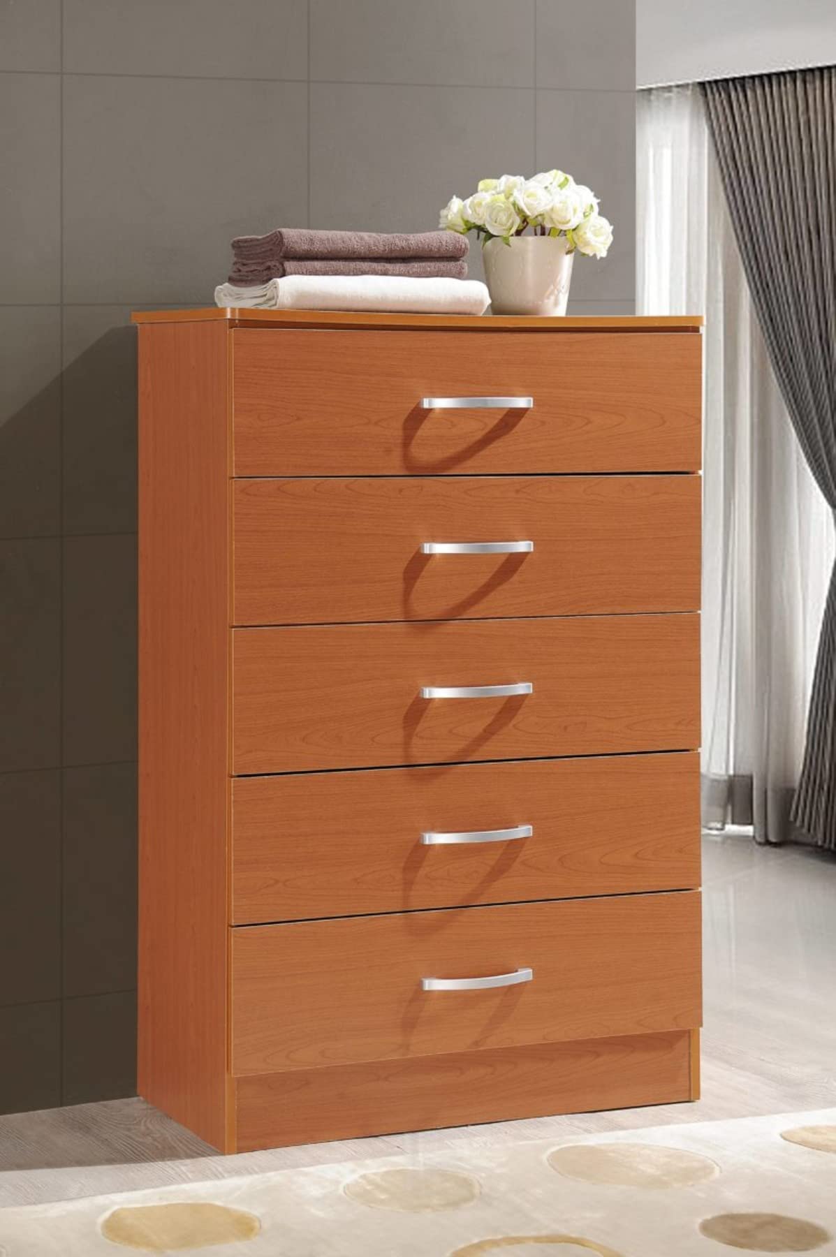 HODEDAH 5-Drawer Wood Dresser - Cherry Finish, 47.8x31.8