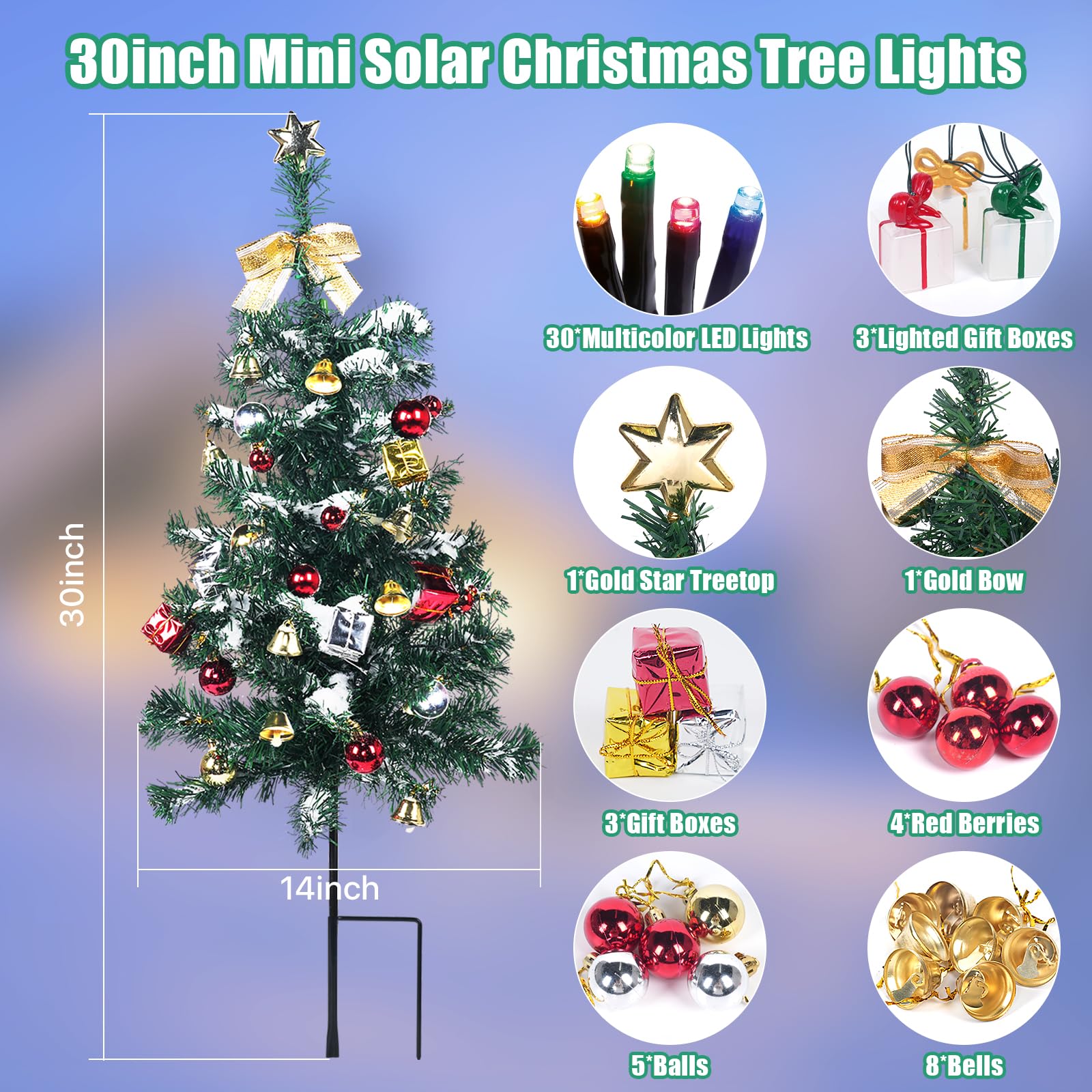 Solar Powered Mini Christmas Tree Lights Outdoor Decor - 30 Inch Pre-Lit LED Tree with 8 Flashing Modes (2 Pack) | Waterproof Holiday Decoration for Pathway, Patio, Yard, Garden & Cemetery | Perfect for Christmas, Halloween, Parties & Festive Events
