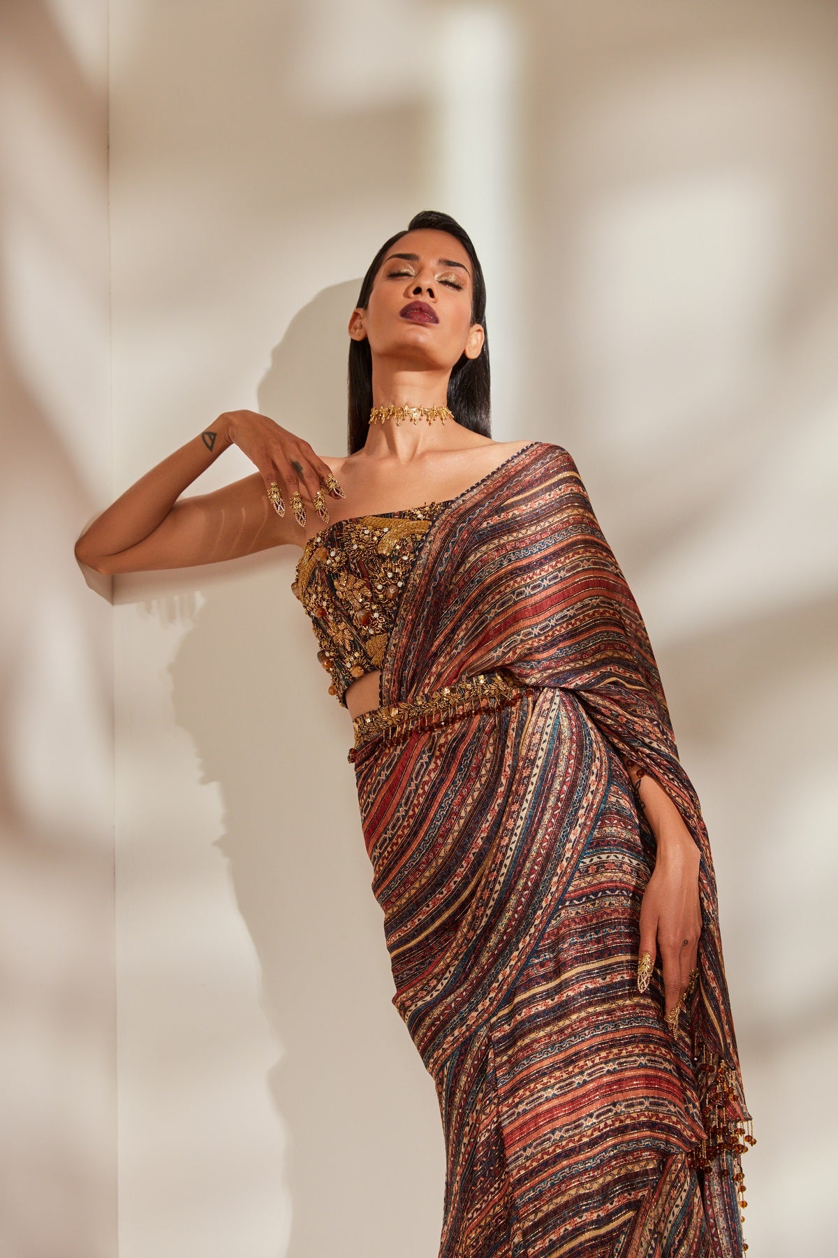 Elegant Stripe Print Ruffle Saree with Tube Top & Belt - Baroque Handwork for Women's Party Wear & Special Occasions
