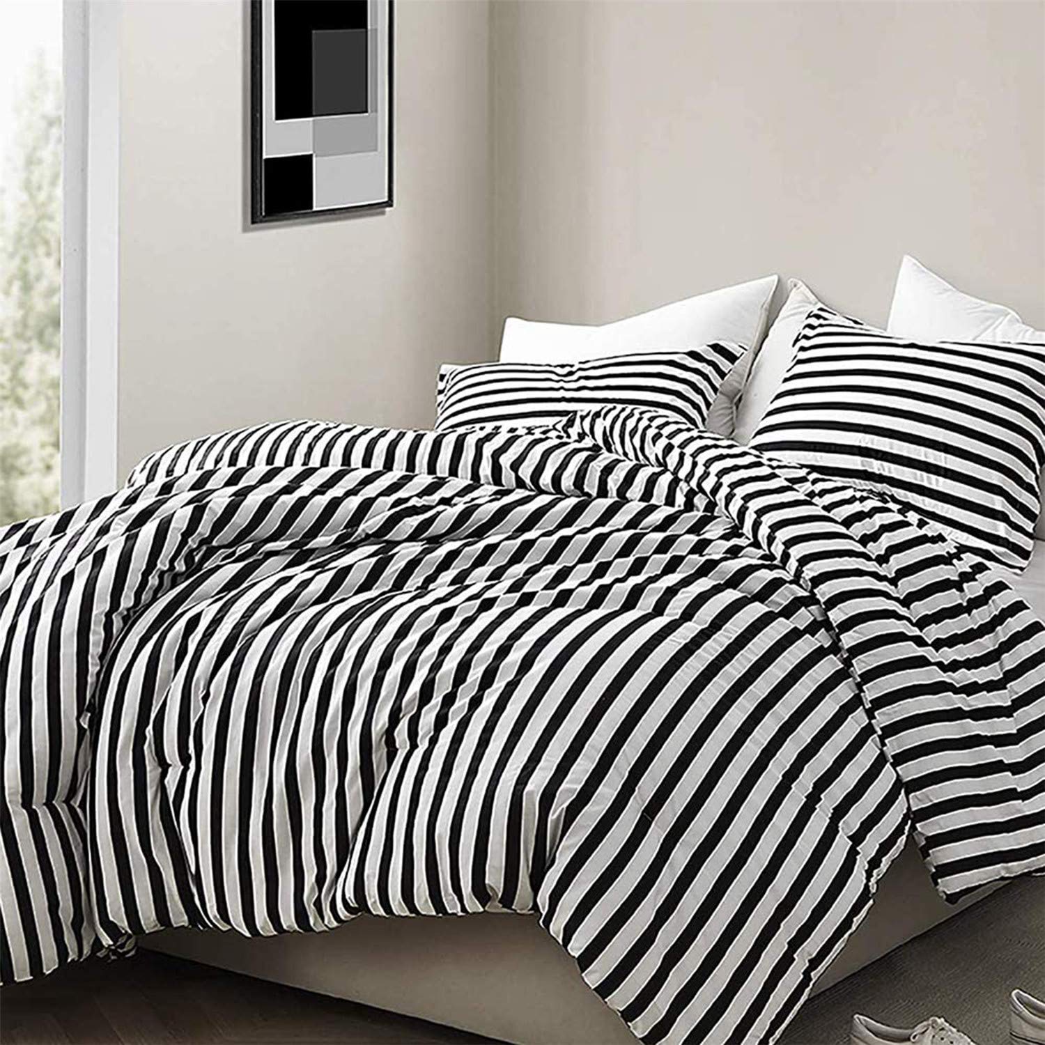 Black and White Striped Cotton Comforter Set - Lightweight Twin Size Modern Ticking Bedding for Kids, Boys, Girls & Teens | Soft, Breathable & Comfortable | Perfect for Bedrooms, Dorms, Sleepovers & Cozy Nights