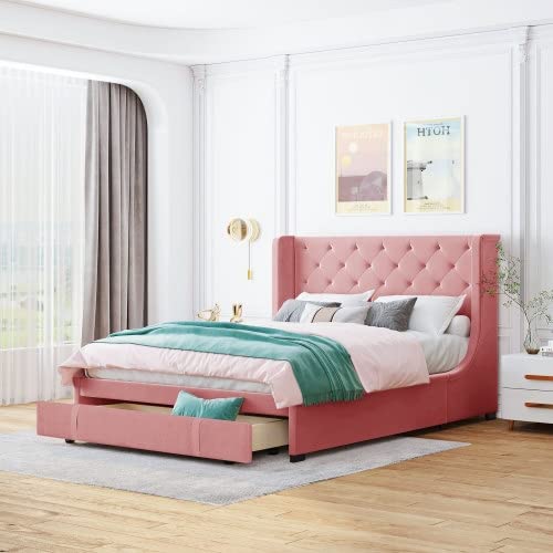 Velvet Upholstered Queen Size Bed Frame with Storage Drawers & Button Tufted Headboard - Wingback Platform Bed for Small Bedrooms, Pink Luxury Bedroom Furniture (Perfect for Guest Rooms, Master Bedrooms & Apartment Living)