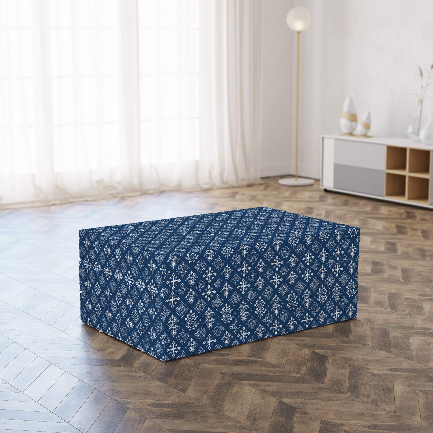 Ambesonne Mediterranean Foldable Mattress - Navy Blue & White Rectangular Armor Design - 74.8