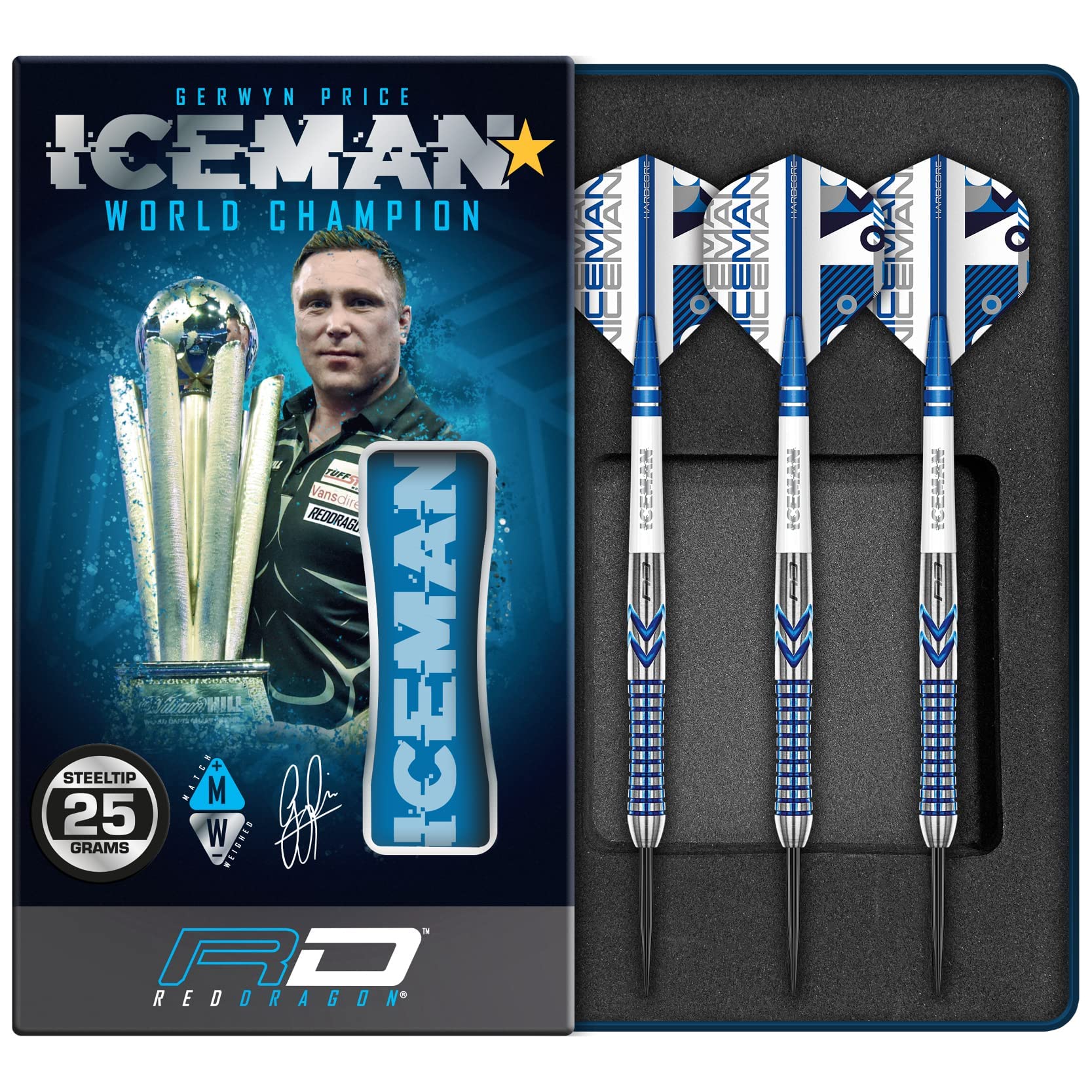 RED DRAGON Gerwyn Price Iceman Professional Tungsten Steel Tip Darts Set with Flights & Stems - Perfect for Professional Darts Tournaments & Home Practice