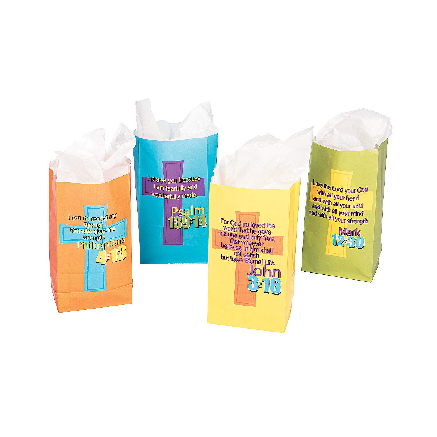 Fun Express Bible Verse Treat Bags - 12 Pack Paper Party Favor Bags with Inspirational Scripture Quotes - Perfect for Church Events, Sunday School Rewards & Christian Birthday Parties