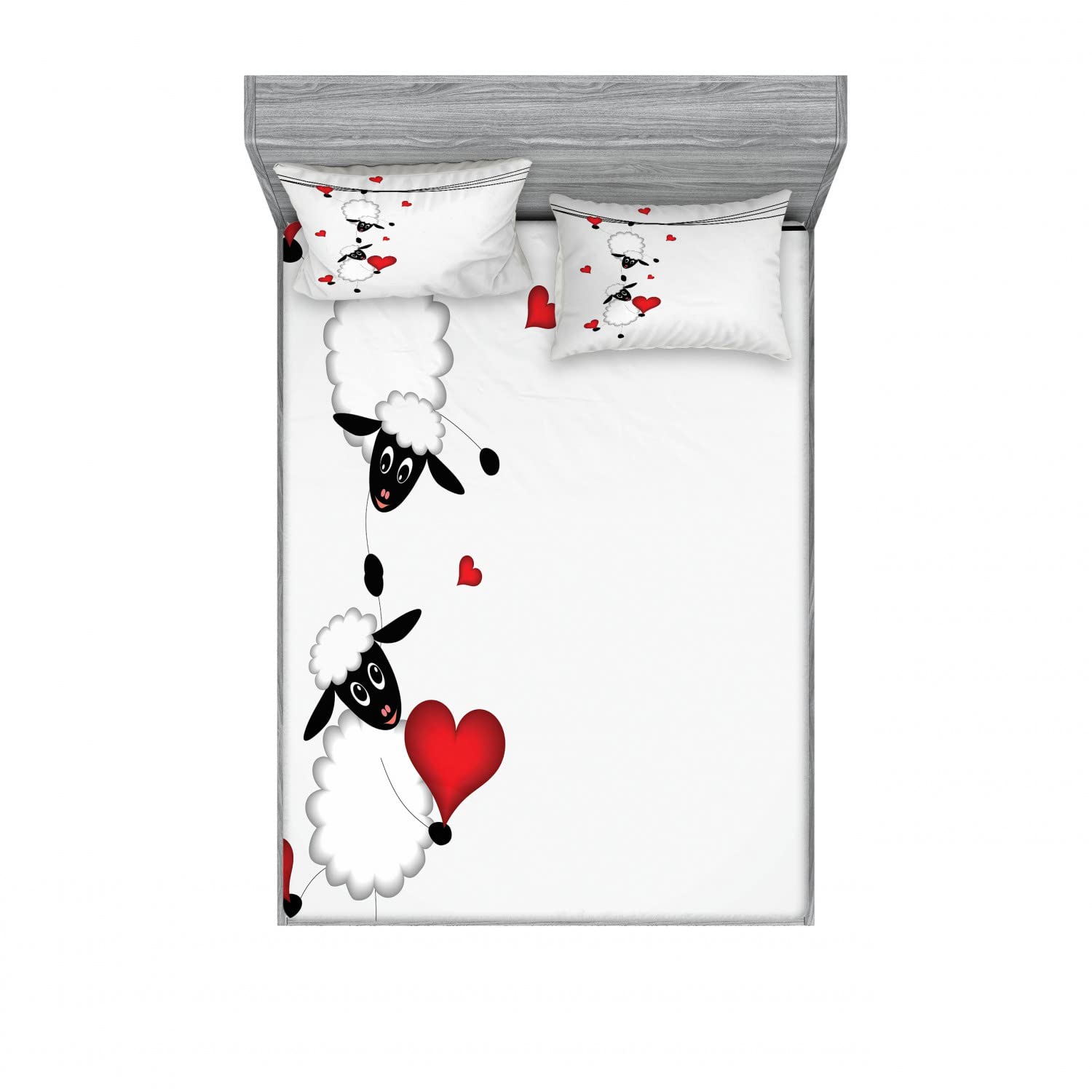 Ambesonne 2-Pack Full Size Fitted Sheet Set with 4 Pillow Shams - Cute Cartoon Heart Pattern Bedding in Red, White & Black - Perfect for Kids' Rooms, Guest Bedrooms & Valentine's Day Decor