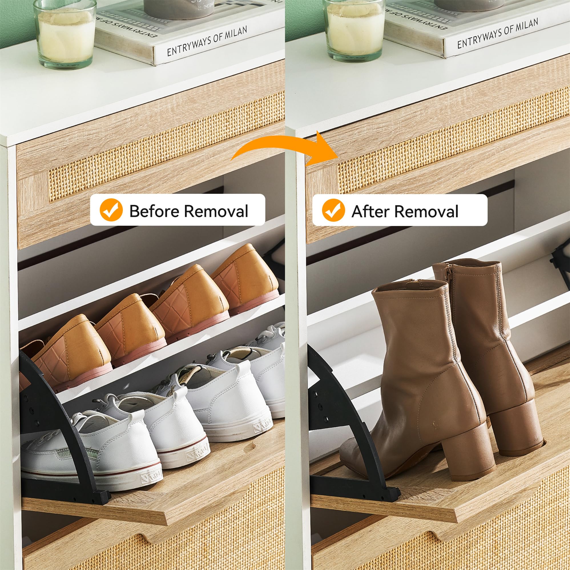 IDEALHOUSE Natural Rattan 2-Door Shoe Cabinet with Drawer - Freestanding Shoe Storage Organizer for Entryway, 3-Tier Adjustable Shelves - Perfect for Slippers, Sneakers, Heels & Boots | Ideal for Small Spaces, Apartments & Closet Organization