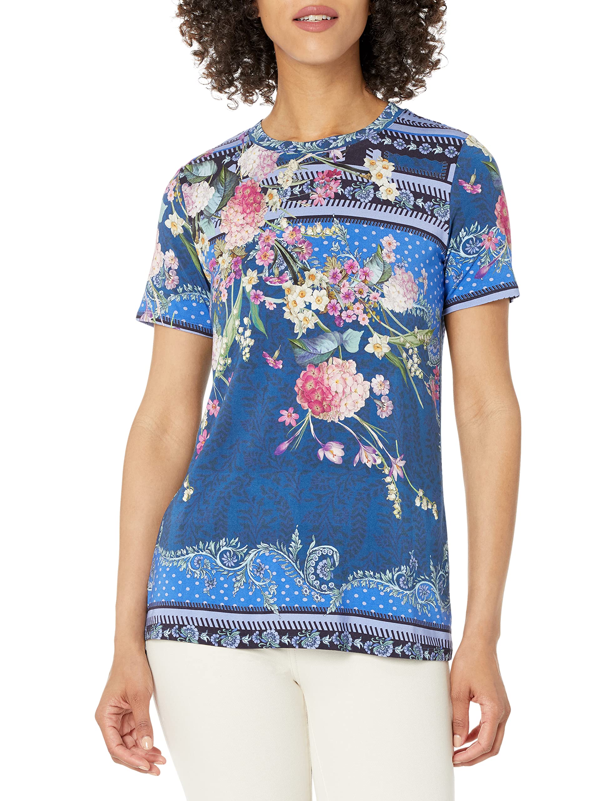 Johnny Was Women's Short Sleeve Crew Neck T-Shirt - Soft Cotton Casual Top for Everyday Wear, Beach Outings & Summer Style
