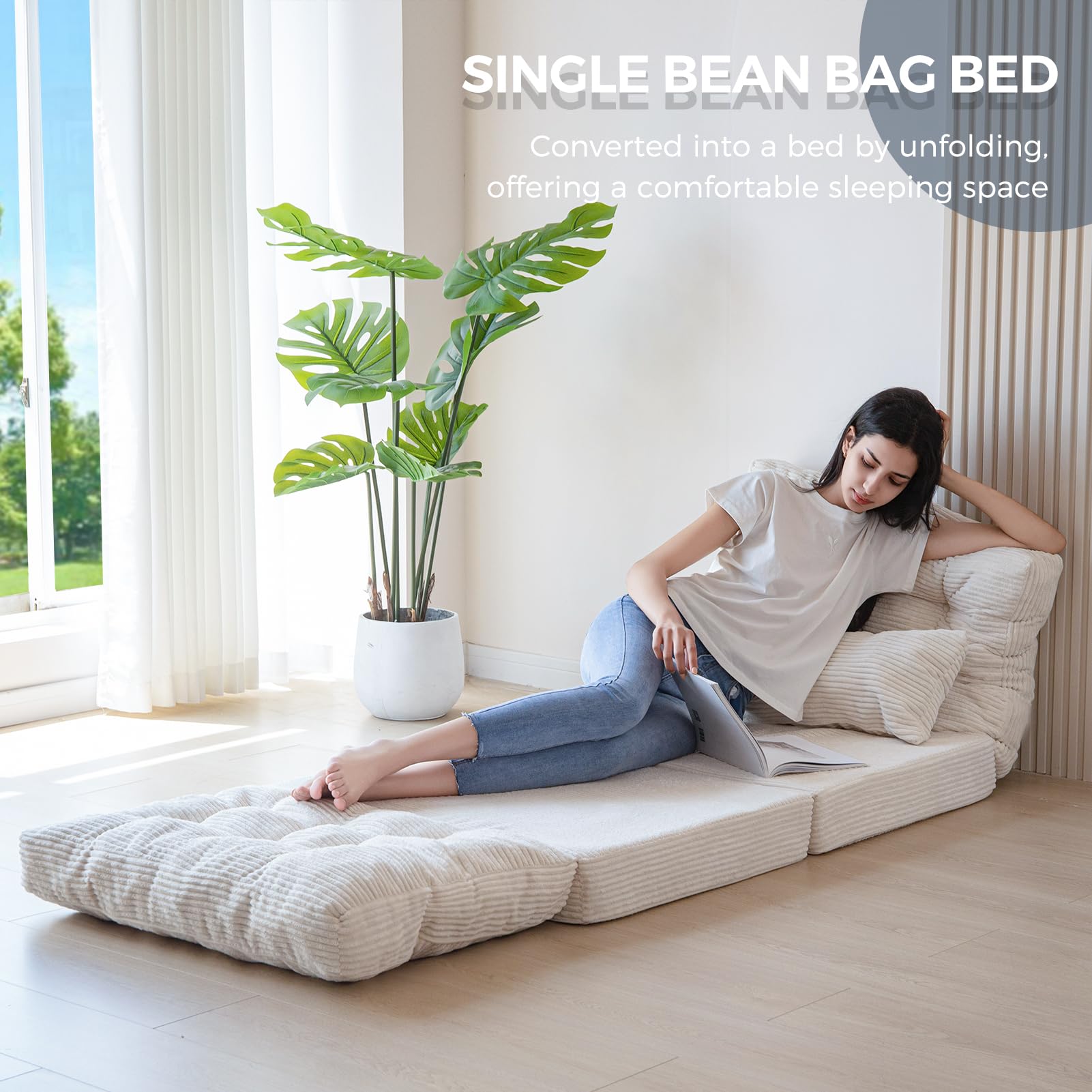 MAXYOYO Tufted Bean Bag Bed - Extra Thick & Long Folding Sofa Bed with Pillows, 30x91 Inch Beige Floor Mattress for Adults | Perfect for Bedroom, Living Room & Small Spaces | Great for Lounging, Napping & Guest Sleeping