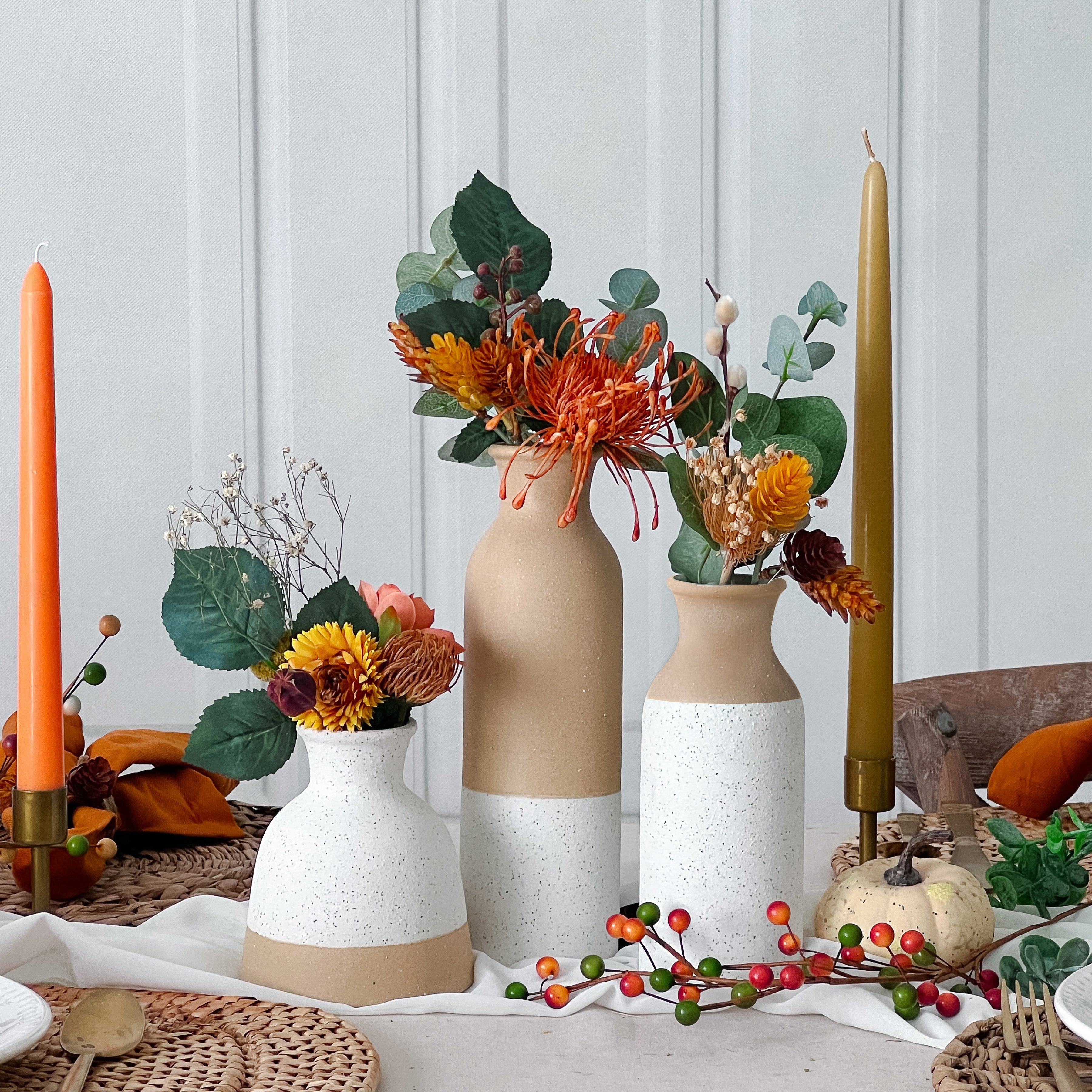 Modern Farmhouse Vase Set of 3 - Rustic Ceramic Flower Vases for Home Decor, Wedding Centerpieces & Farmhouse Style Interior Design