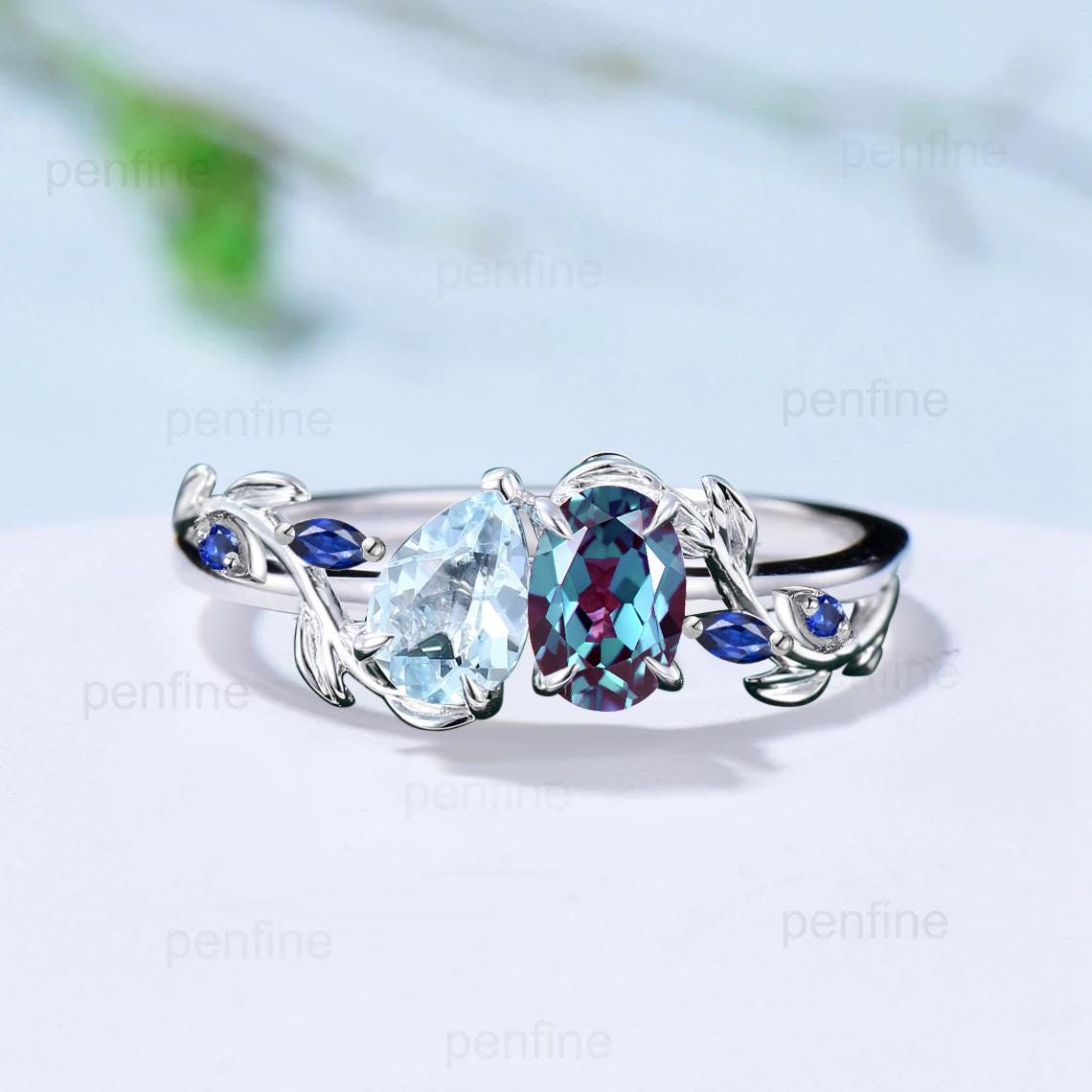 Alexandrite Engagement Ring for Women - Nature Inspired Twig Vine Pear Shaped Aquamarine & Sapphire Cluster Wedding Ring | Perfect for Proposals, Anniversaries, and Special Occasions
