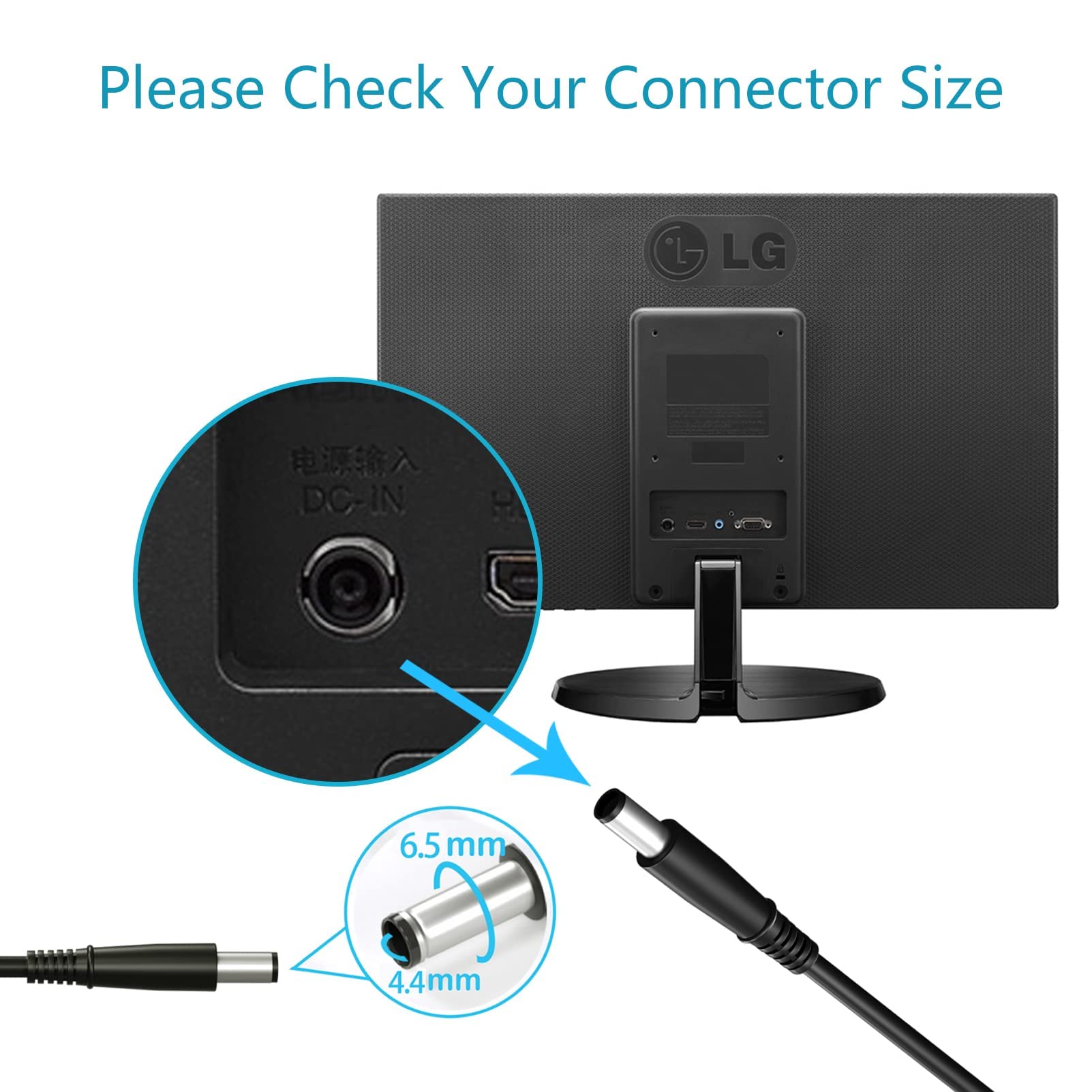 LG Monitor Power Cord 19V 3.42A for UltraWide 4K UHD LCD Screens - Home & Office Use