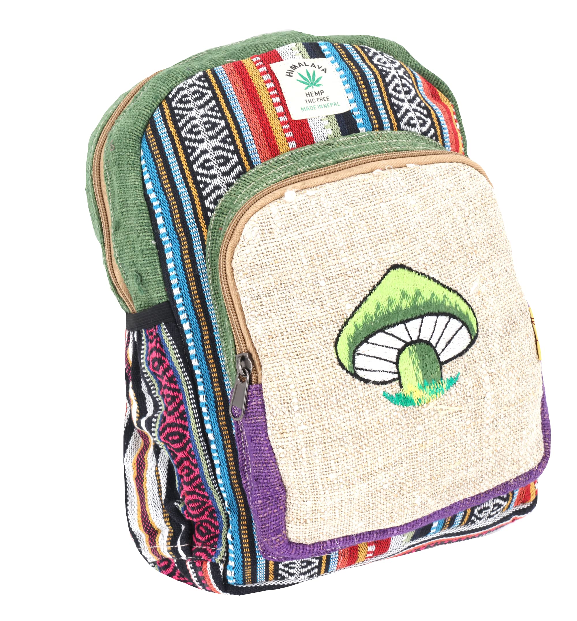 Eco-Friendly 100% Hemp Small Backpack - Handmade Himalayan Hippie Style Festival & Hiking Bag - Fair Trade Laptop Backpack for Women & Men (Multi/Green Mini) - Perfect for Outdoor Adventures, Travel & Daily Use
