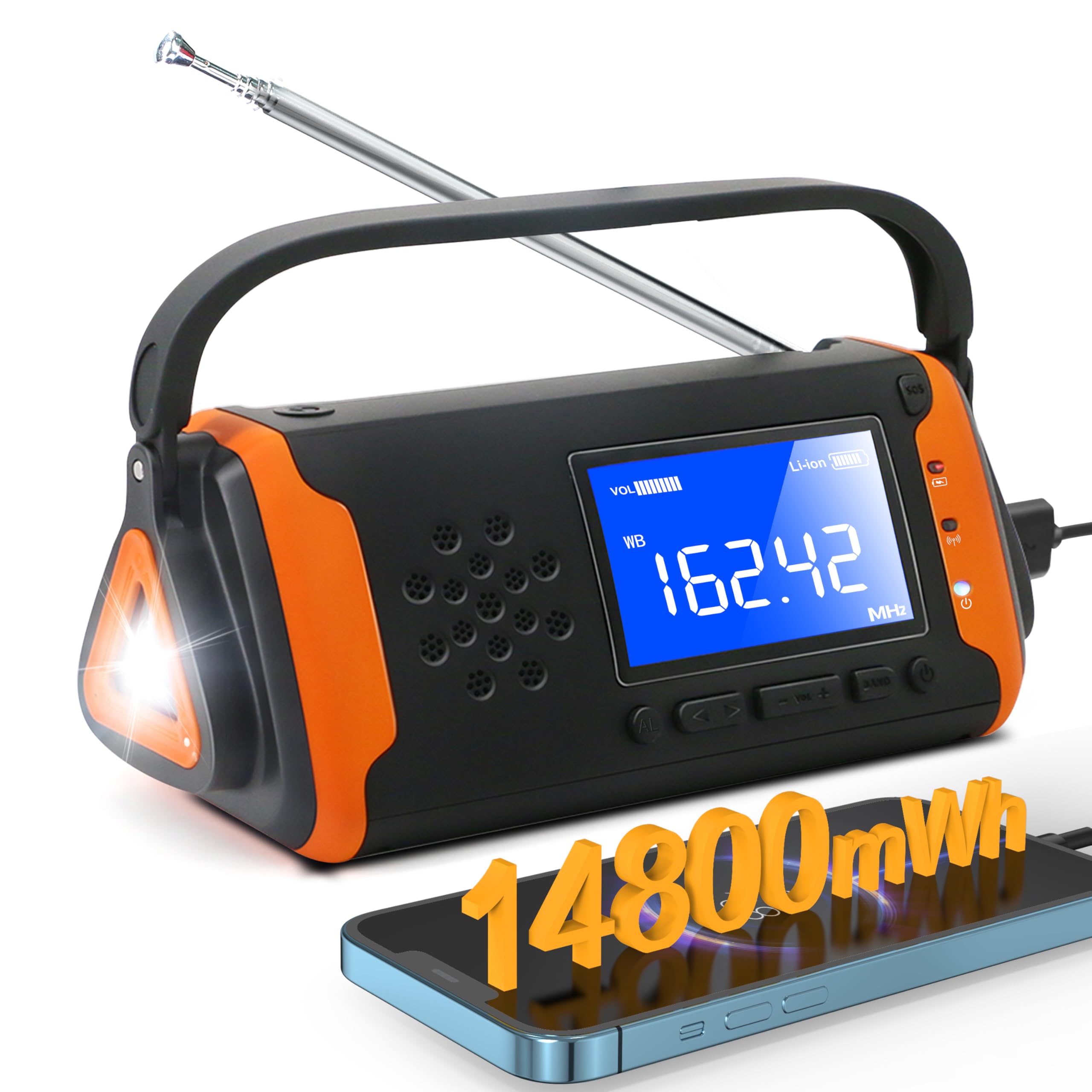 14800mAh NOAA Weather Alert Emergency Radio - Solar & Hand Crank Portable Radio with LCD Display, Flashlight, SOS Alarm, USB Phone Charger & AUX Music Player for Camping, Hiking, Power Outages & Survival Kits