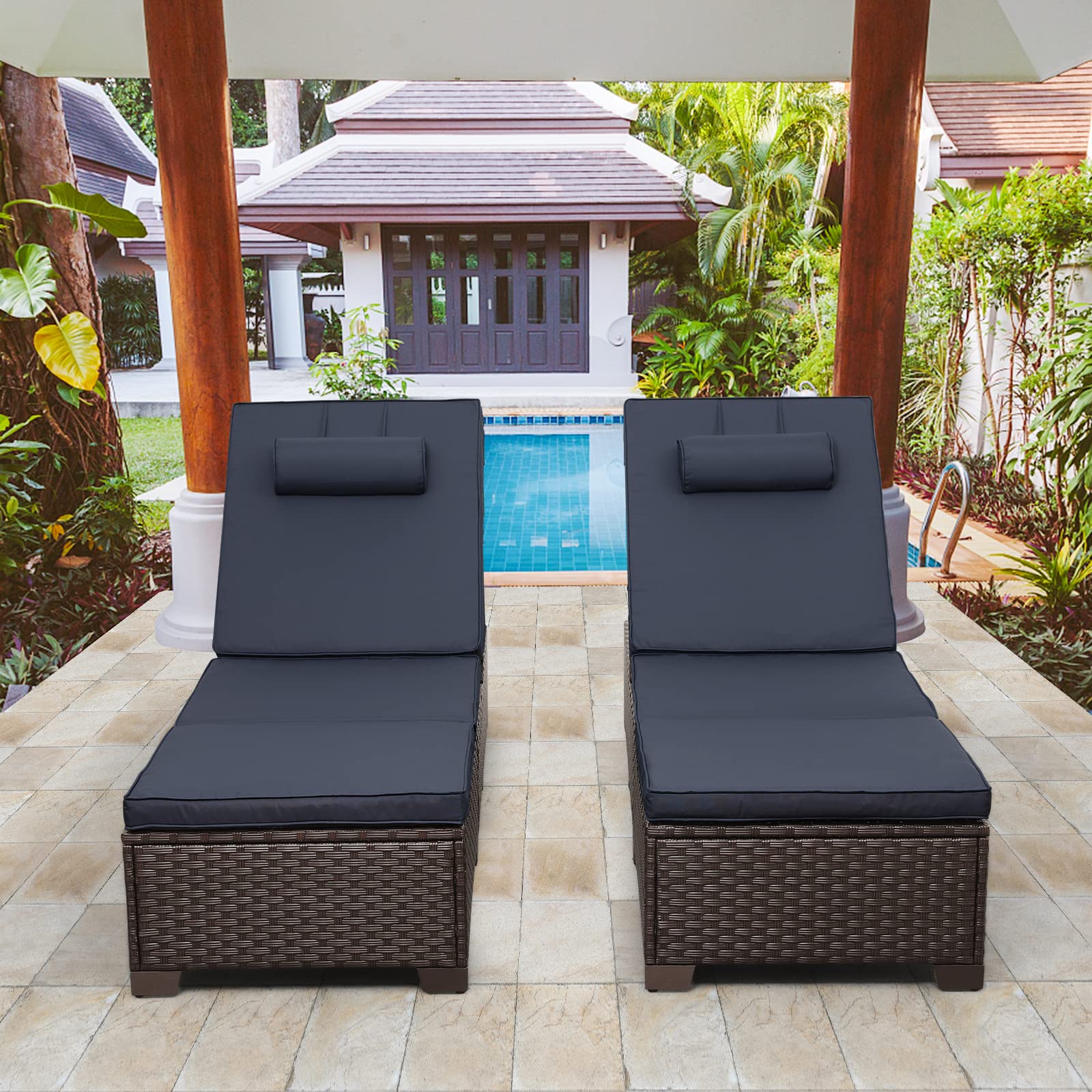 Outdoor PE Wicker Chaise Lounge Set of 2 - Brown Rattan Adjustable Recliners with Navy Blue Cushions - Patio, Poolside, Garden Relaxation Furniture for Backyard, Beach & Outdoor Living Spaces