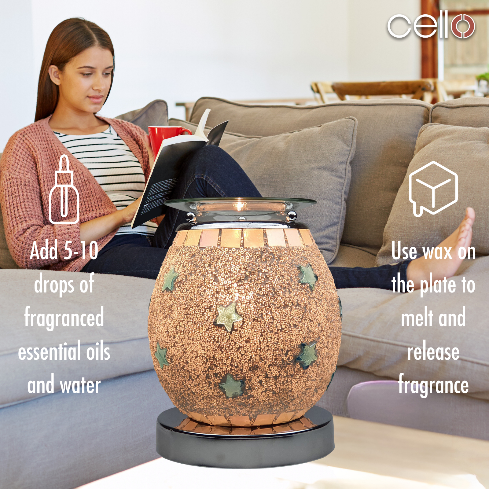 Cello Electric Wax Melter with Touch Control - Mosaic Blue Star Design for Aromatherapy & Home Fragrance