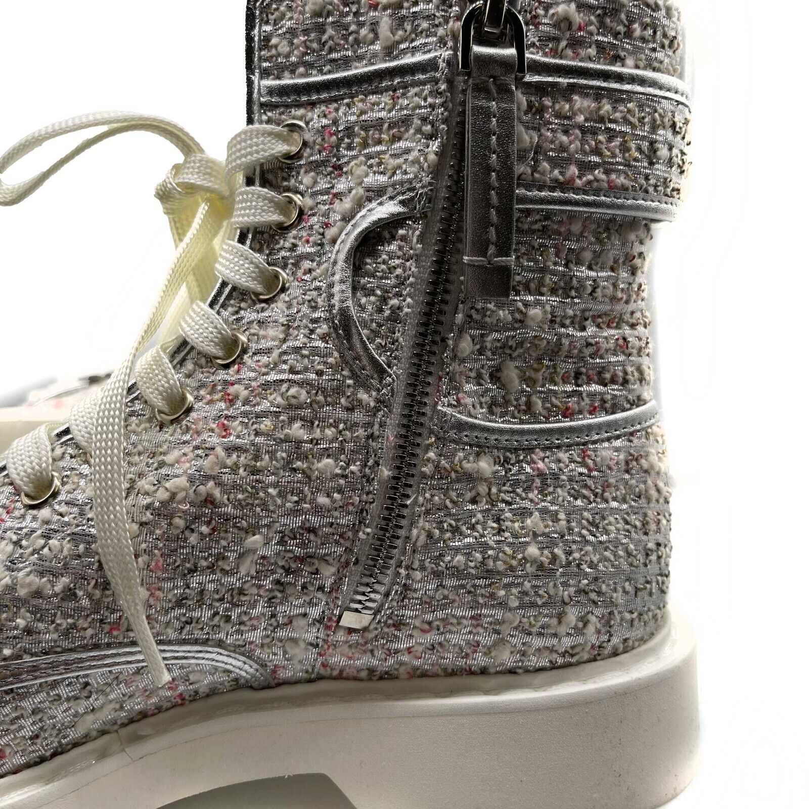 Roger Vivier Crystal Tweed Cream Hiking Boots Women's Size 7 (US) Silver Combat Ankle Boots - Stylish & Comfortable for Outdoor Adventures, Casual Wear & Winter Fashion