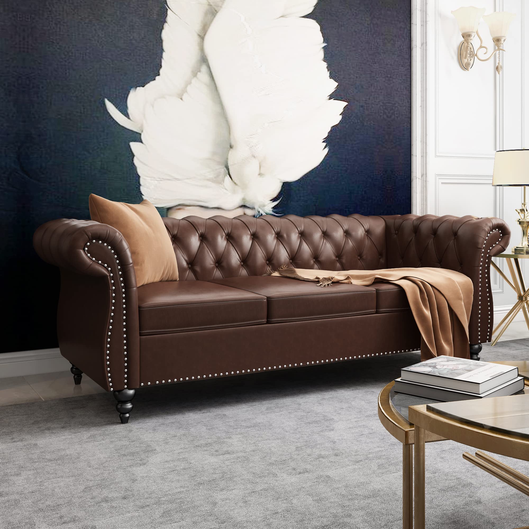 2-Piece Chesterfield Leather Sofa and Loveseat Set with Scroll Arms & Nailhead Trim - Dark Brown Living Room Furniture for Home, Office, and Lounge Areas