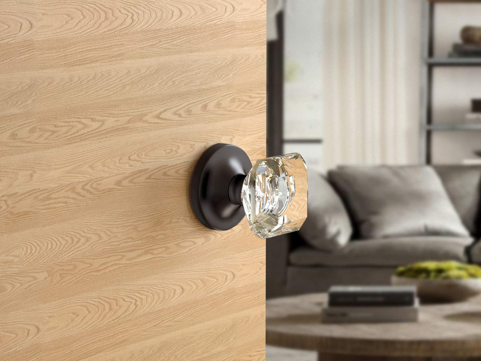 (3 Pack) Dark Grey Privacy Crystal Door Knobs - Elegant Princess Cut Design with Round Rosette for Bedroom, Bathroom & Closet Doors