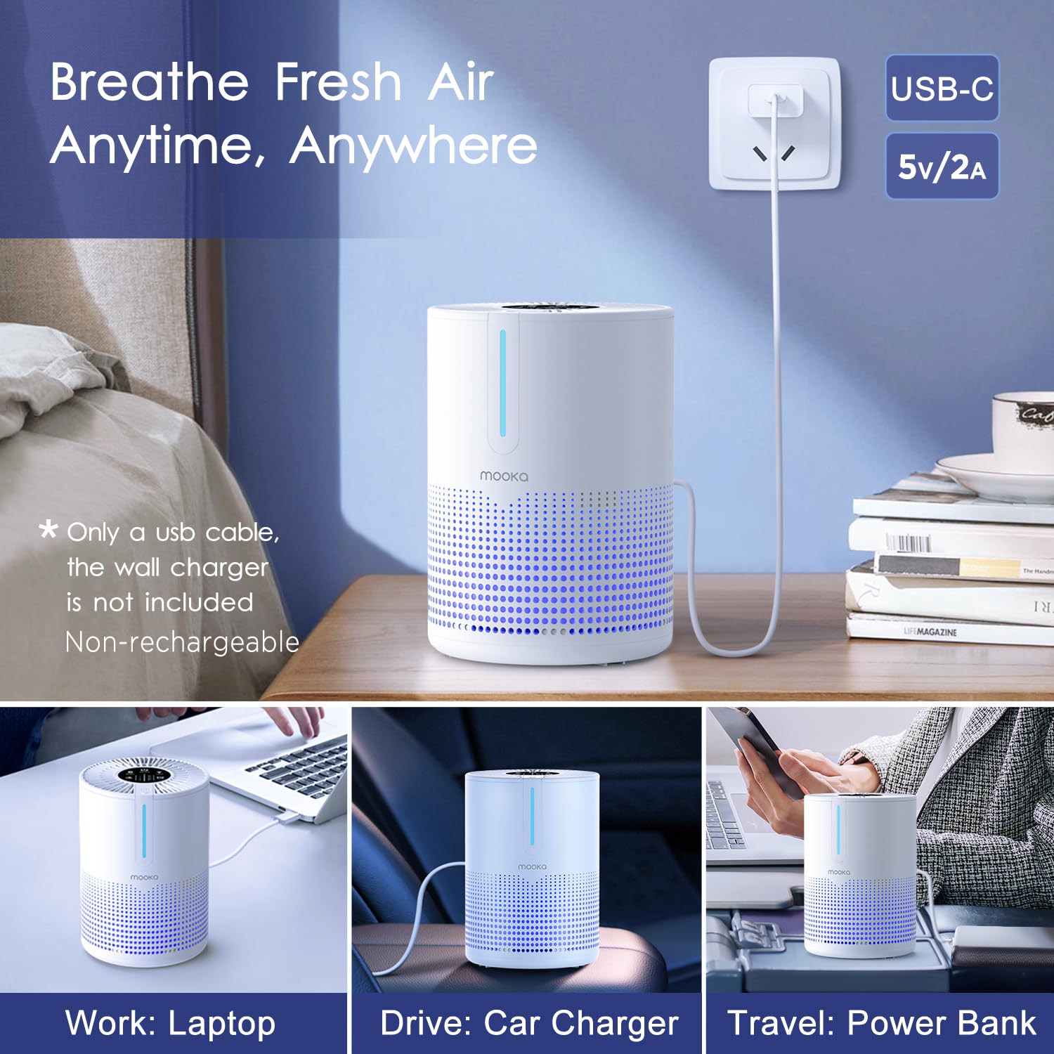 MOOKA M01 H13 True HEPA Air Purifier for Bedroom & Home up to 430 Sq.Ft - Portable USB Air Cleaner with Fragrance Sponge for Smoke, Pollen, Pet Dander, Dust & Odors - Compact Desktop Purifier for Car, RV & Office Use