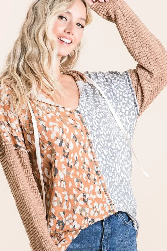 BiBi Popcorn Waffle Knit Hoodie with Print Block Front - Cozy Pullover Sweatshirt for Women | Perfect for Casual Outfits, Loungewear & Fall Fashion