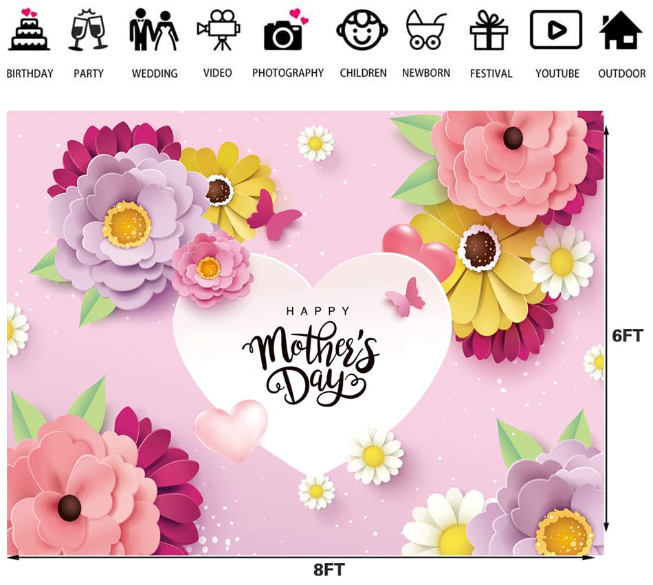 8x6ft Happy Mother's Day Photography Backdrop - Floral Heart Design Photo Background for Mother's Day Brunch, Party Decor, Studio Props - Perfect for Family Photos, Baby Showers & Celebration Events