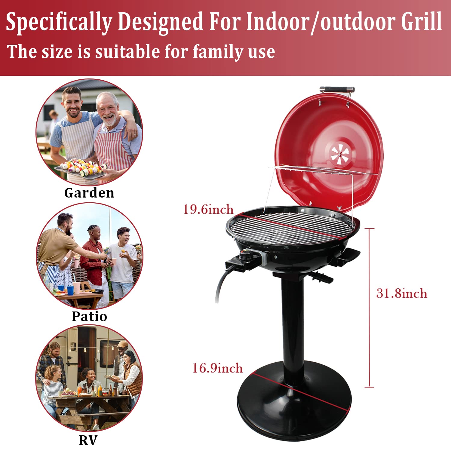 Techwood 1600W Electric BBQ Grill - 15-Serving Indoor/Outdoor Grill with Double Layer Design & Portable Stand (Red) - Perfect for Backyard Parties, Camping, and Apartment Balcony Cooking
