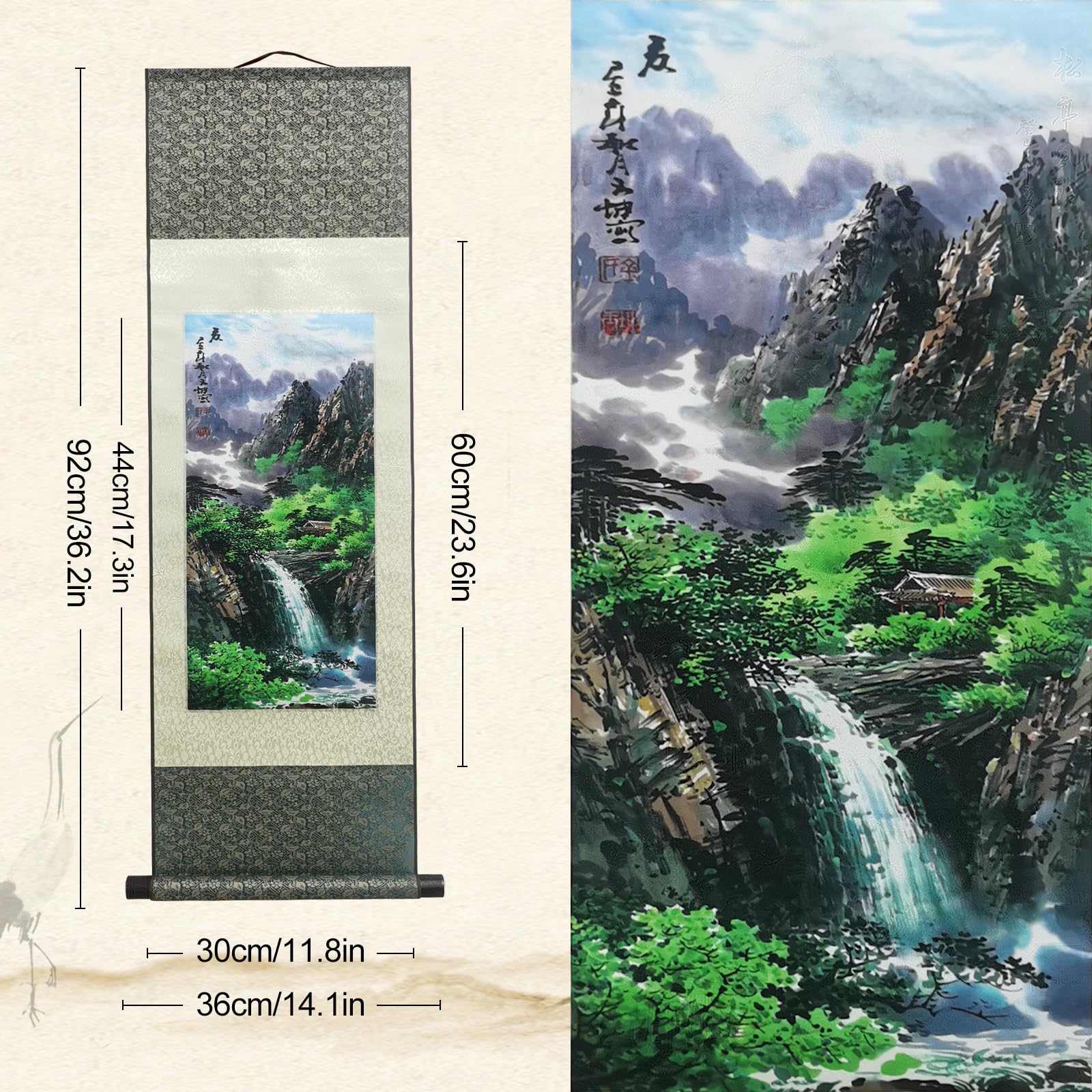 ATFArt Chinese Four Seasons Landscape Silk Scroll Painting - Summer Autumn Winter Spring Wall Hanging Decor (36.2x12 Inch) | Perfect for Living Room, Bedroom & Office Asian Theme Decoration