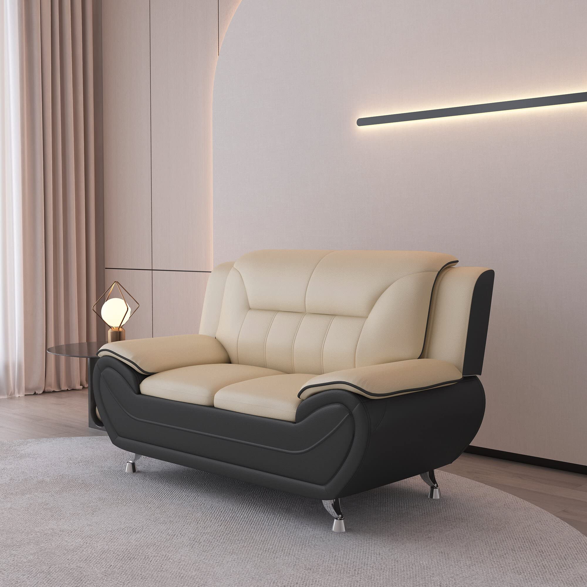 Michael Modern Faux Leather Loveseat with Stainless Steel Legs - Camel/Black - Stylish Living Room Sofa for Small Spaces & Cozy Home Decor
