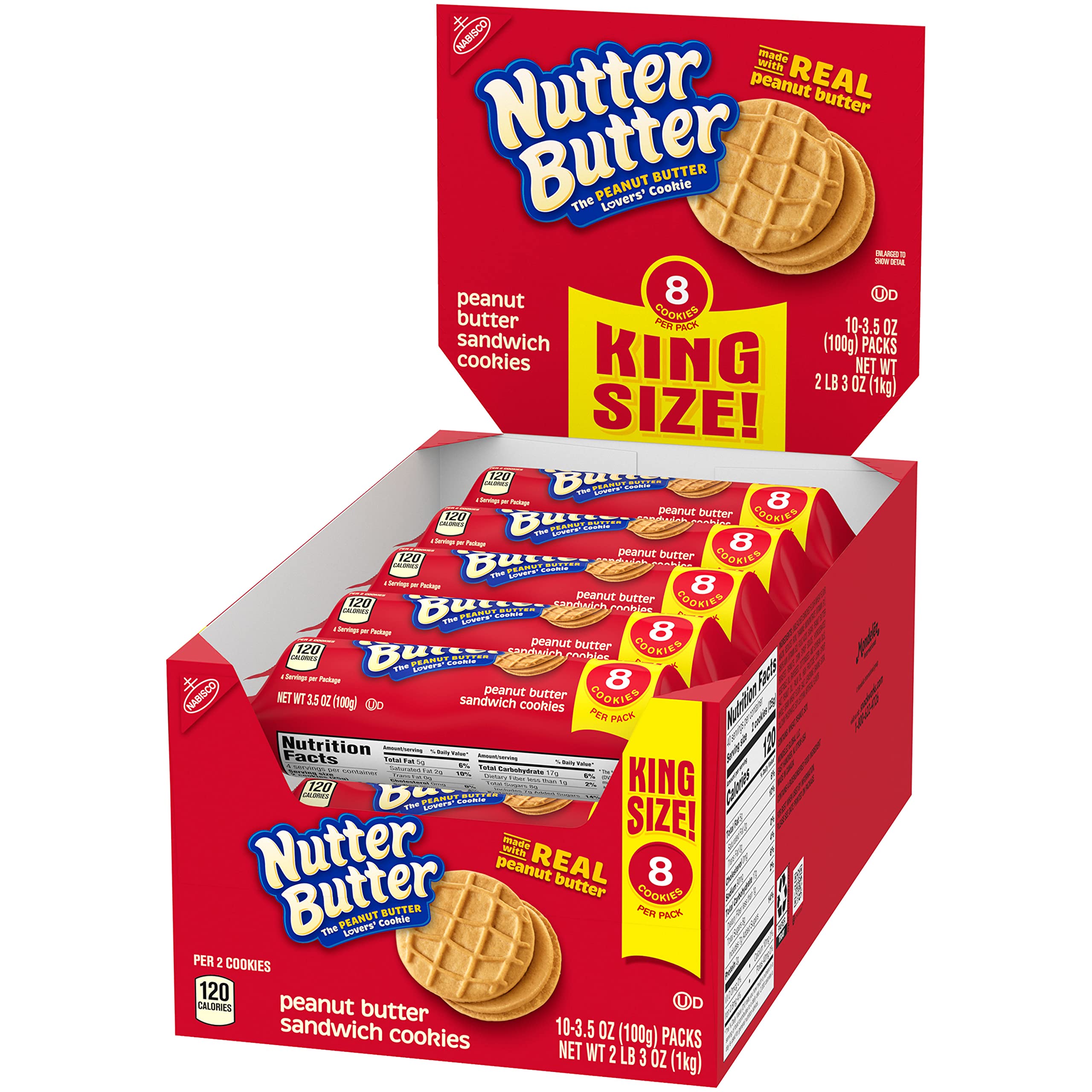 Nutter Butter Peanut Butter Sandwich Cookies - King Size (10 Pack of 3.5 oz Snack Packs) | Crunchy Peanut Butter Snacks for Lunchboxes, Office Treats & Road Trips