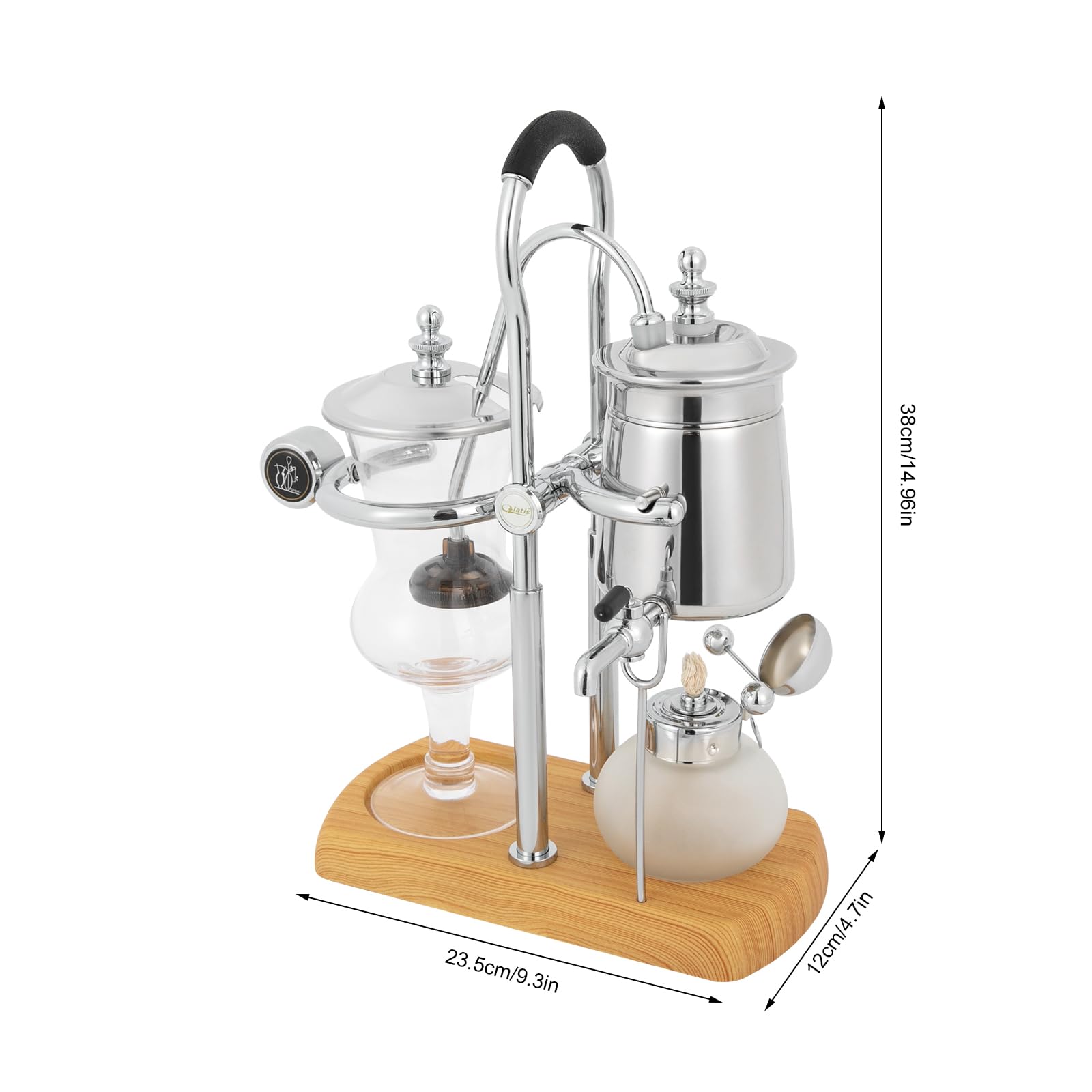 Premium Belgian Siphon Coffee Maker - 180° Rotating Faucet, Multi-Function for Coffee & Tea Brewing, Antique Design with Handle, 9.3x4.7x14.96 Inch Silver - Perfect for Home Baristas & Coffee Enthusiasts, Ideal for Kitchen, Office or Gift Giving