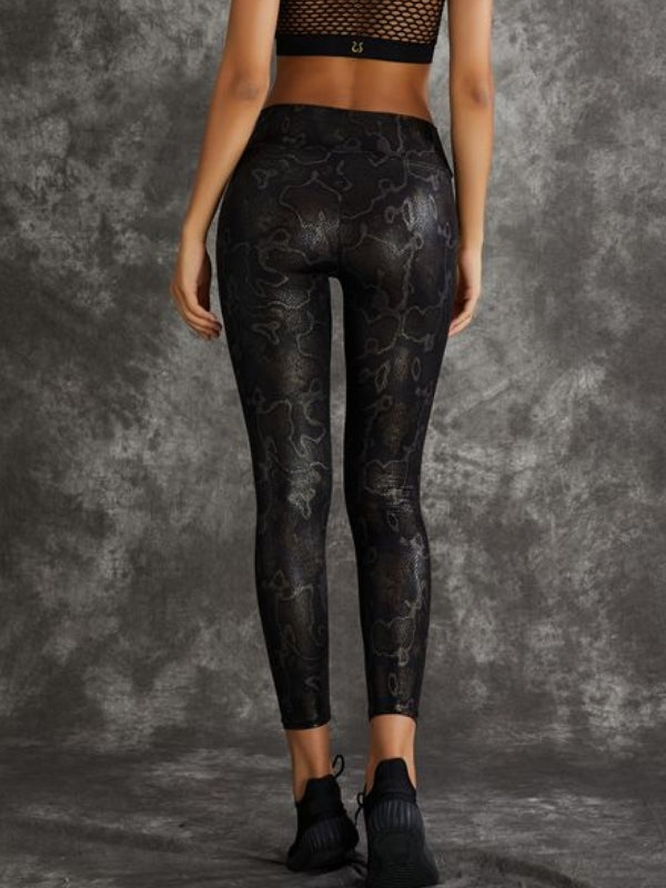 ZASUWA Women's Super Stretchy Faux Leather Black Snake Print Leggings - High Waist Yoga Pants for Workout, Fitness & Fashion